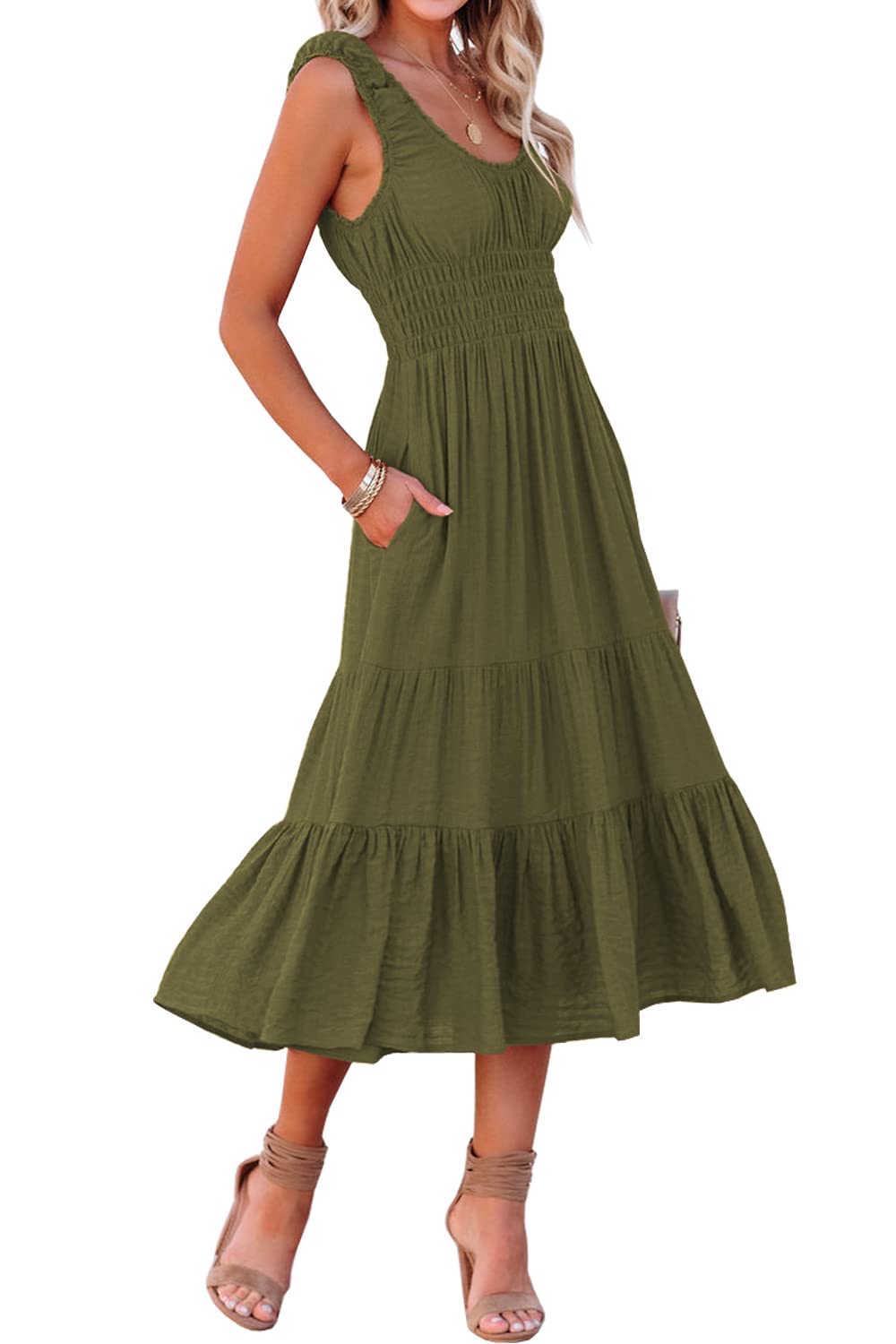 **SENSERISE Women's Summer Boho Dress - Sleeveless Midi Dress with Pockets, Tiered Ruffle A-Line Beach Dress for Vacation, Travel, and Casual Outings**