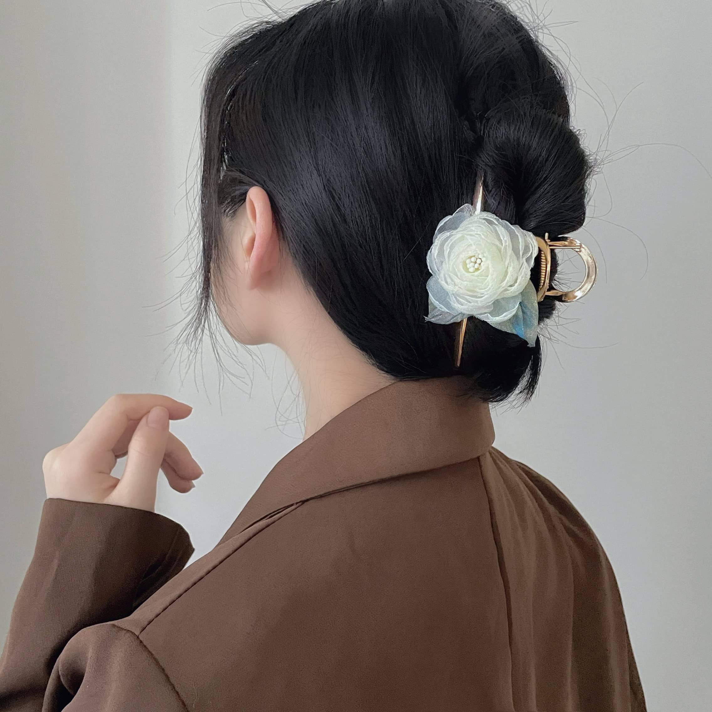 Large Flower Hair Clips for Women - Purple & White Mesh Rose Jaw Clips Hair Claws - Perfect for Weddings, Parties & Everyday Styling