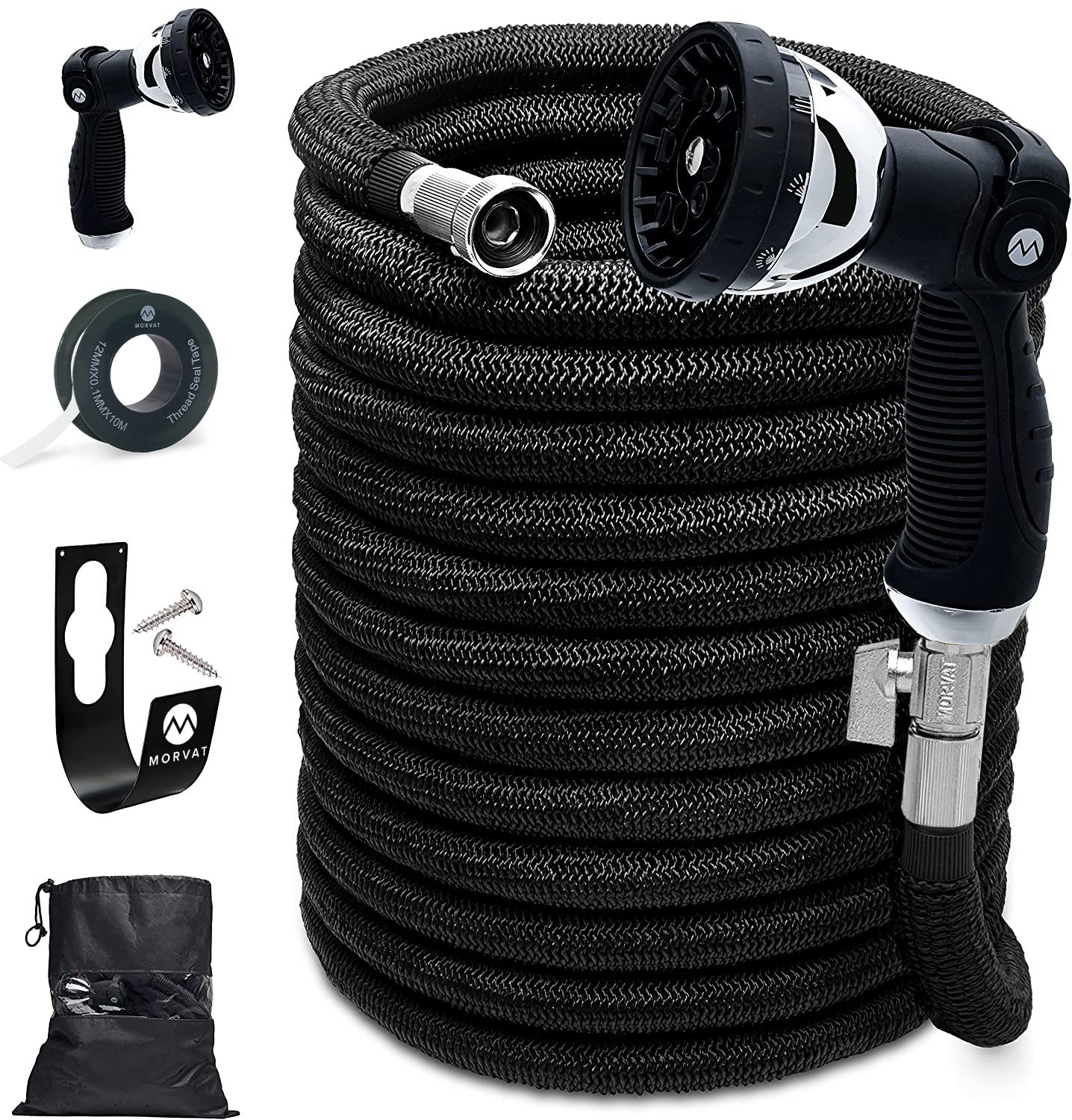 150FT Expandable Garden Hose with Full Brass Connectors & ON/OFF Valve - Extra Thick 3-Layer Latex Core - Includes 10 Function Nozzle, Hose Holder, Teflon Tape & Carry Bag - Perfect for Watering Plants, Washing Cars, and Outdoor Cleaning