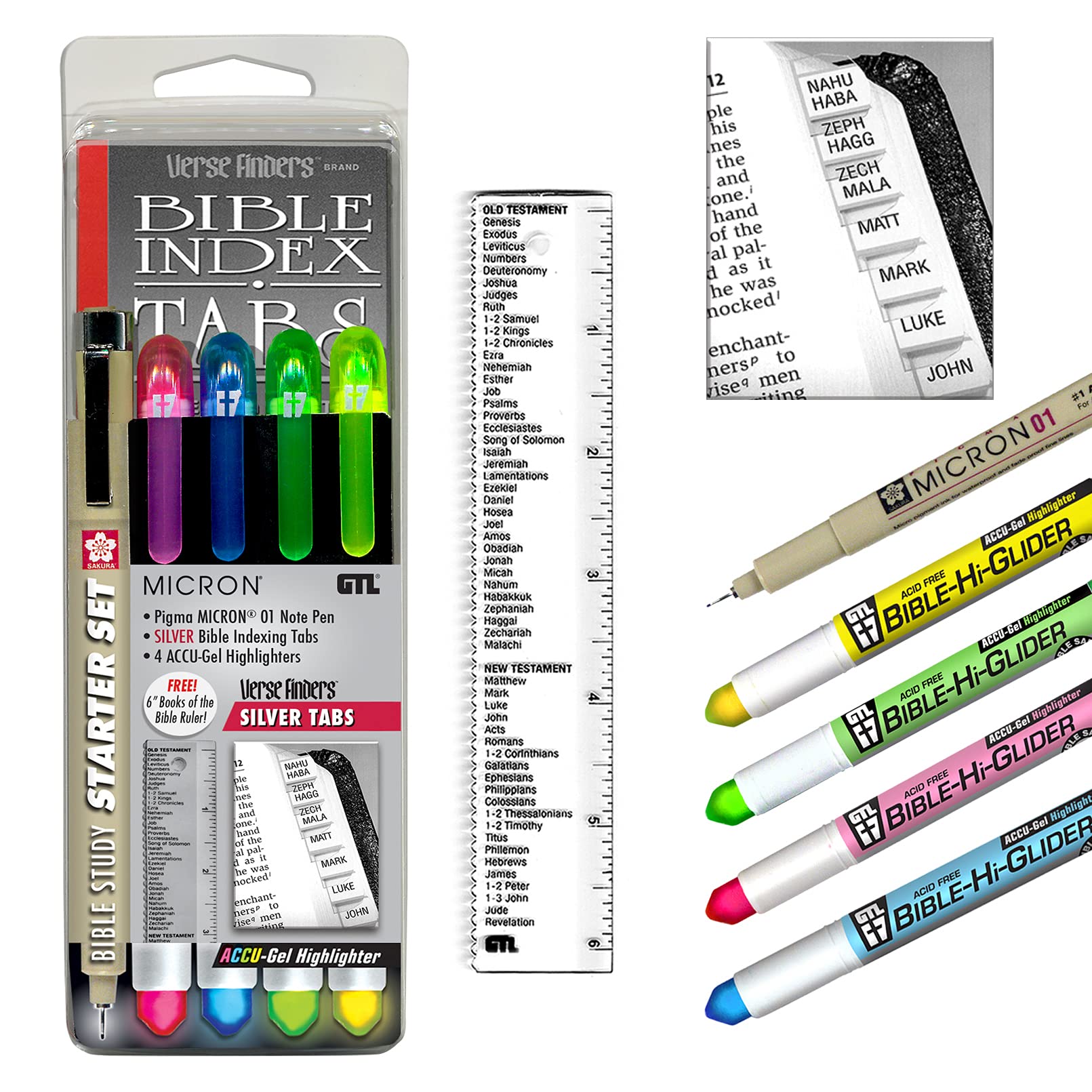 Accu-Gel Bible Highlighter & Pigma Micron Bible Study Starter Set - No Bleed Pigmented Ink, Fine Point Black, Yellow & Green - Perfect for Bible Journaling, Scripture Marking & Church Study Groups