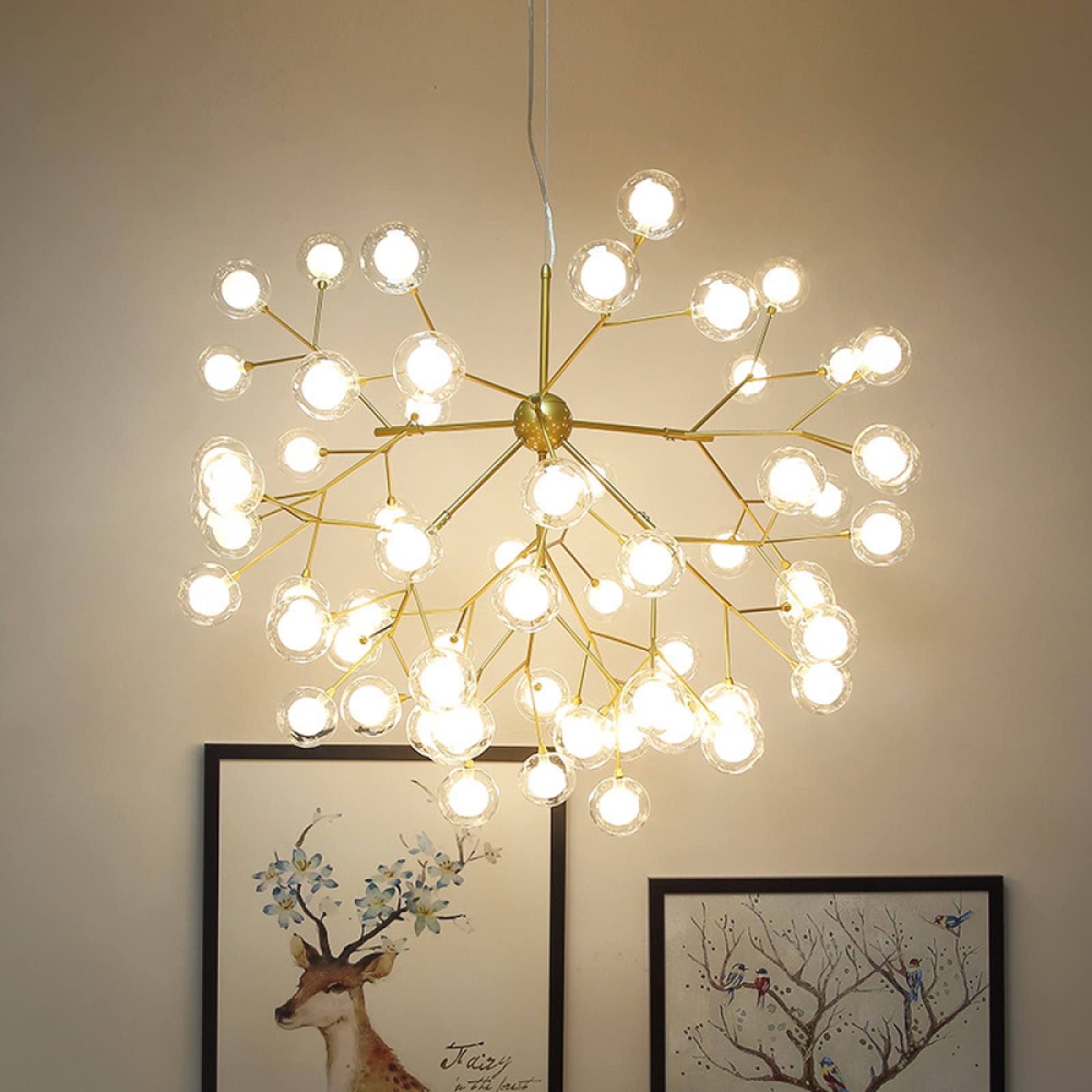 63-Lights LED Glass Ball Chandelier - Modern Firefly Pendant Light with Gold Finish & Stepless Dimming - Creative Sputnik Hanging Lamp for Living Room, Bedroom, Restaurant, Cafe, Bar & Wedding Decor