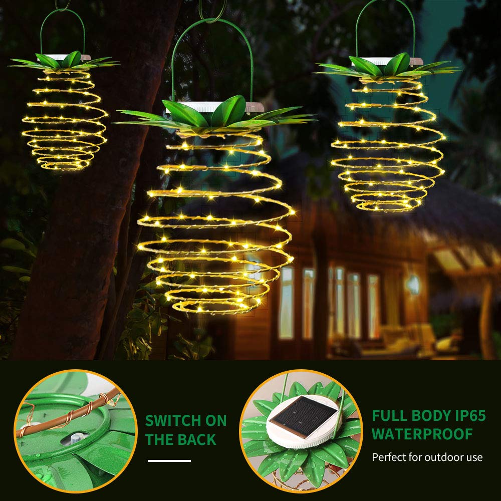 2 Pack Solar Pineapple Lights - 60 LED Warm White Outdoor Hanging Lanterns with Handle, Waterproof Solar Powered Garden Decor for Patio, Yard, Porch, Pathway - Perfect for Summer Nights & Tropical Themed Parties