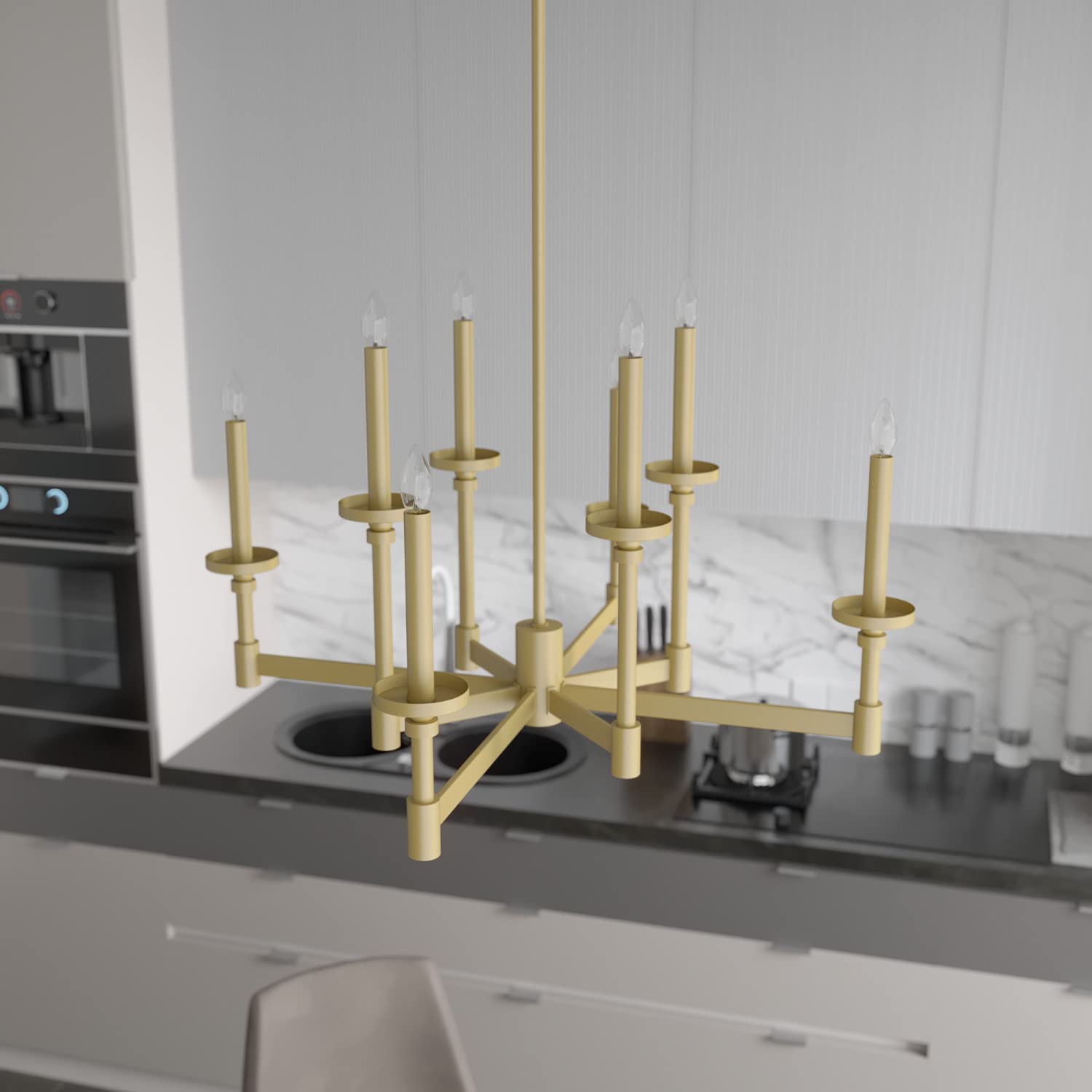 Hunter Briargrove 8-Light Modern Brass Chandelier - Dimmable Large Ceiling Light Fixture, Formal Candle-Style for Dining Room, Bedroom, Living Room & Kitchen Decor - Perfect for Elegant Home Lighting & Interior Design (Model 19053)