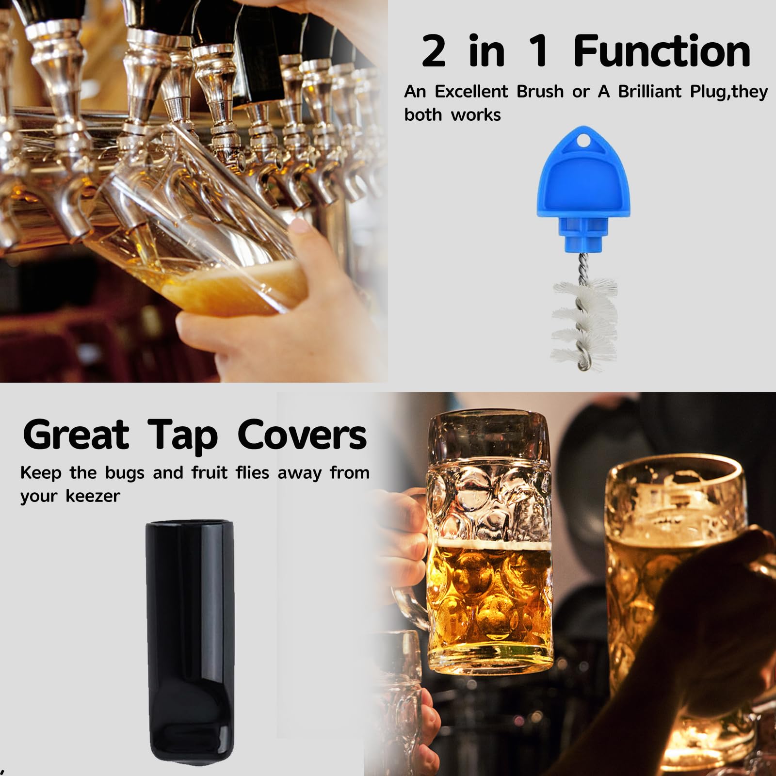 16-Piece Beer Faucet Covers & 2-Piece Beer Tap Plug Brush Set - Rubber Draft Tap Soother Nipple for Beer Line Cleaning Kit | Perfect for Home Brewing, Bar Maintenance & Keg Party Accessories