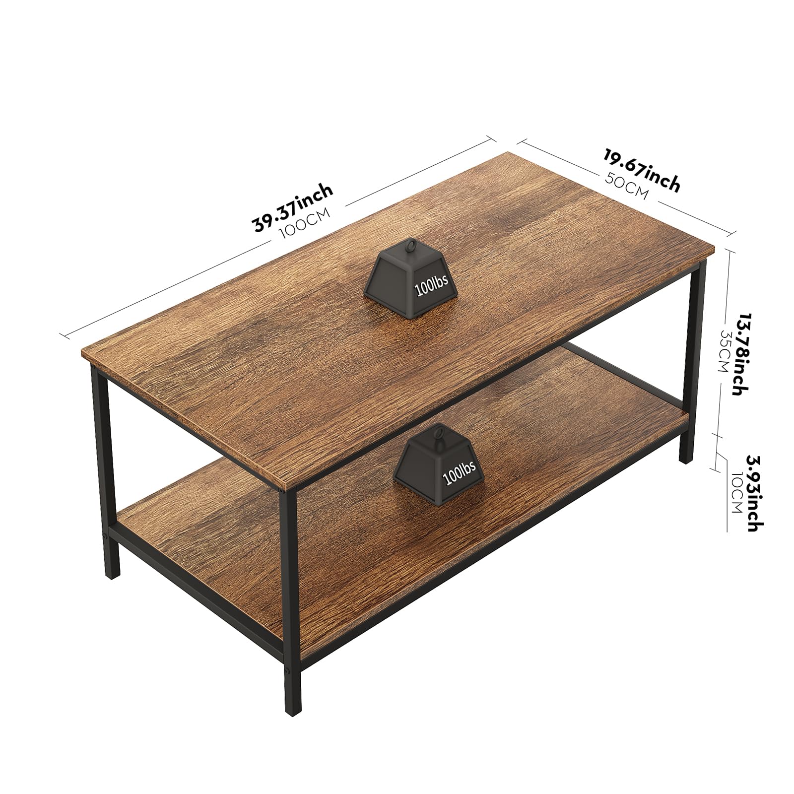 SAYGOER 2-Tier Industrial Coffee Table with Storage - Rectangle Wood Center Table for Living Room, Small Spaces, Apartment & Home Office - Walnut Finish | Perfect for Entertaining Guests, Holding Remotes & Magazines, and Adding Rustic Charm to Your Space