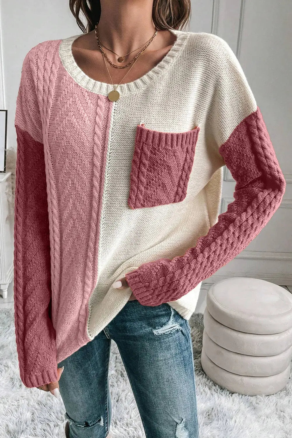 Color Block Round Neck Long Sleeve Sweater for Women - Soft Knit Pullover Tops, Casual Winter Warm Fashion Sweater (Office, Date Night, Holiday Outfits)