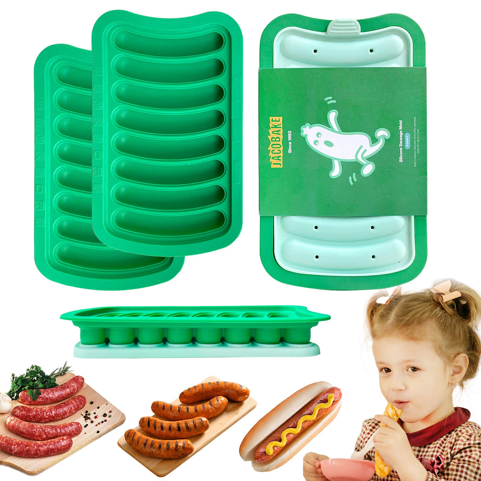 2 Pack Large Green BPA-Free Non-Stick Silicone Sausage Molds (8 Cavity) for DIY Breakfast Sausages, Hot Dogs & Homemade Baby Food - Perfect for Meal Prep, BBQ Parties & Healthy Cooking