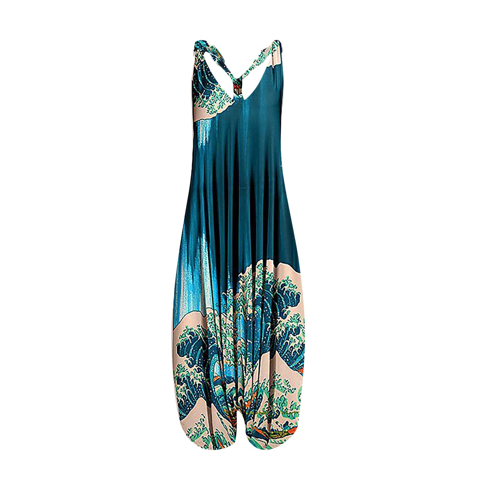 **Plus Size Jumpsuits for Women - Vintage Boho Print Racerback Romper, Casual Sleeveless Summer Outfit with Spaghetti Straps | Perfect for Beach, Vacation & Boho Fashion**