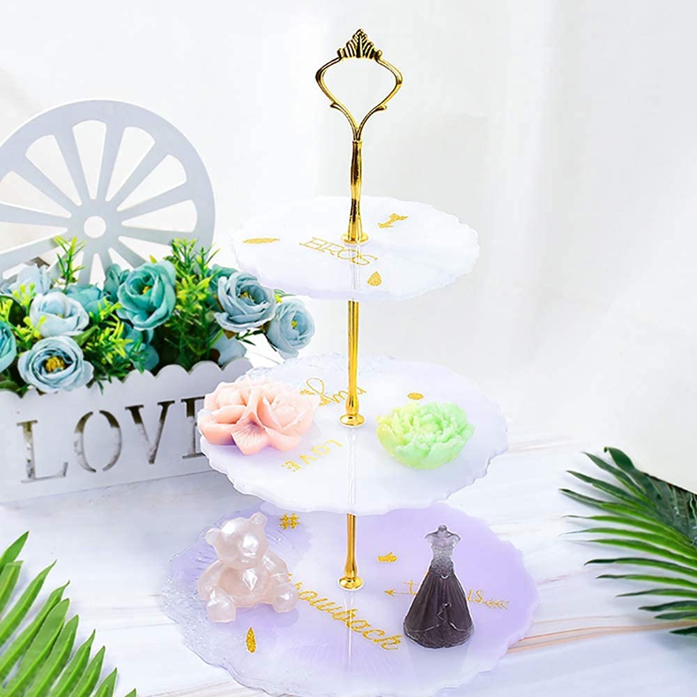 3 Tier Silicone Cake Stand Mold for Resin Art - Epoxy Resin Cake Tray with Golden Brackets (3-Piece Set) - Perfect for Wedding Cakes, Birthday Desserts & DIY Resin Crafts