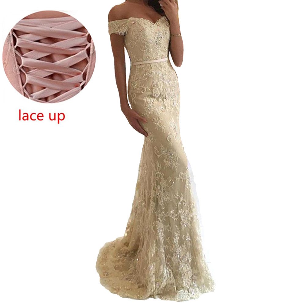 Elegant Mermaid Off-The-Shoulder Beaded Lace Corset Prom Dress for Evening Gala & Formal Events | Perfect for Homecoming, Wedding Guest & Special Occasions