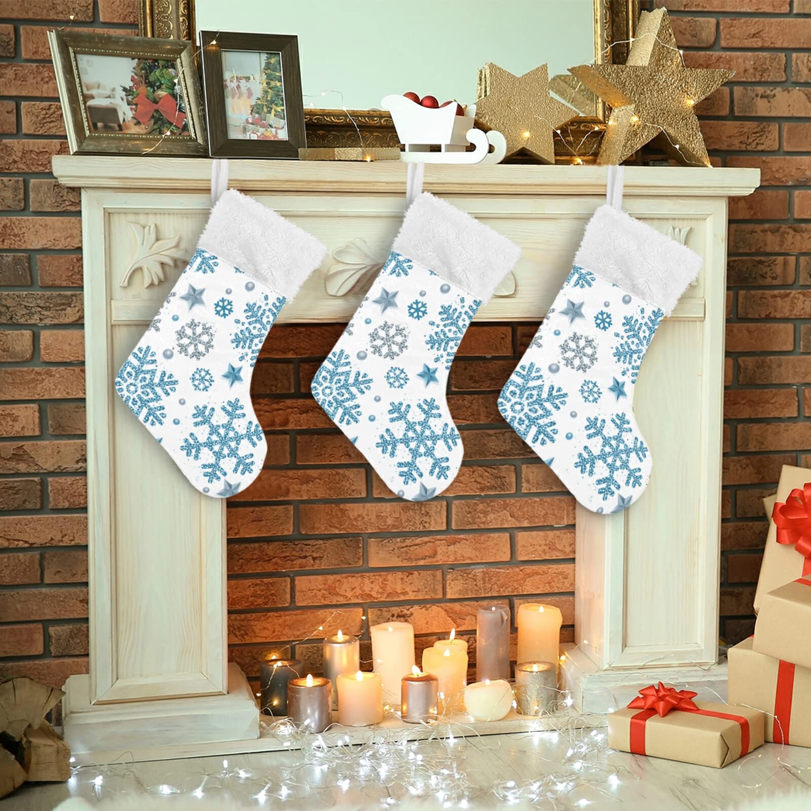 Christmas Stockings with Silver & Blue Glitter Snowflakes & Stars - 12