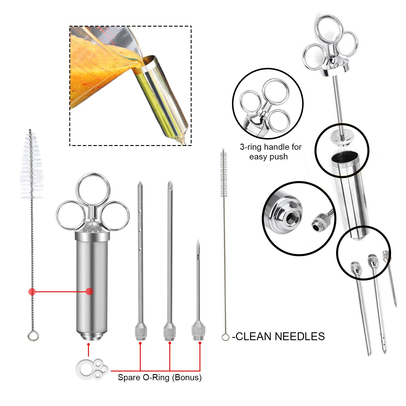 KayCrown 304 Stainless Steel Marinade Injector Kit - 2oz BBQ Meat Seasoning Syringe with 3 Needles & Brush for Grilling & Cooking