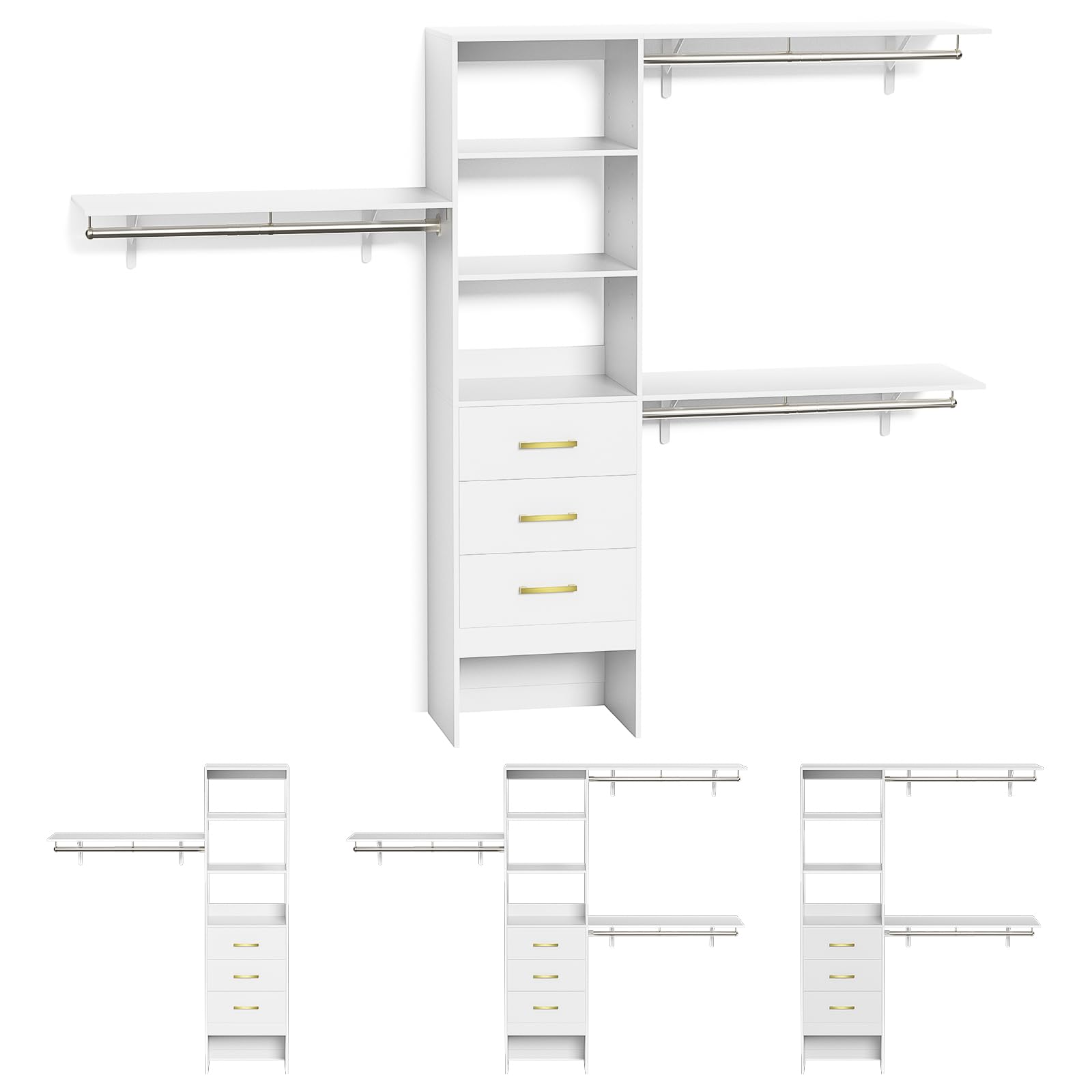 LOVMOR 8ft Built-in/Walk-in Closet System with Drawers & Shelves - 96 Inch Customizable Wardrobe Organizer & Storage Solution - Wall Mounted Clothes Organization System with Expandable Rod - Perfect for Bedroom, Walk-in Closet & Home Organization