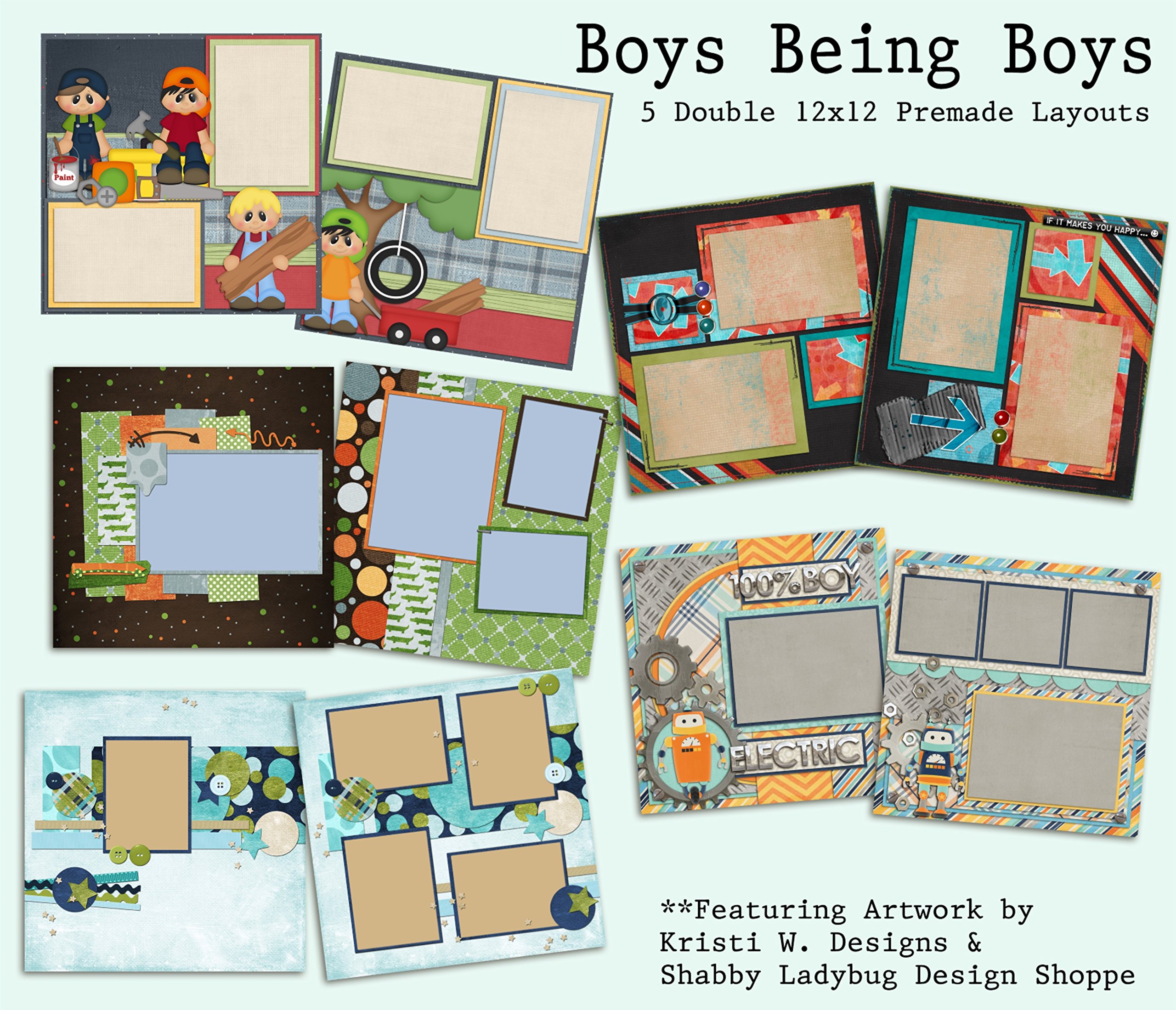 Boys Will Be Boys Scrapbook Kit - 5 Double Page Layouts for Memory Books, Baby Albums & DIY Crafts