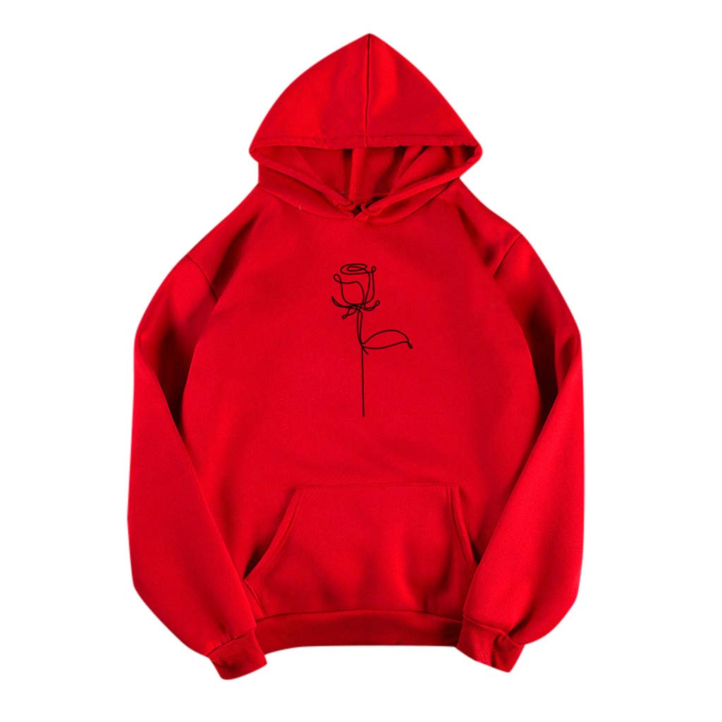 Women's Rose Printed Long Sleeve Hoodie - Casual Drawstring Pullover Sweatshirt for Everyday Wear, Lounge & Outdoor Activities