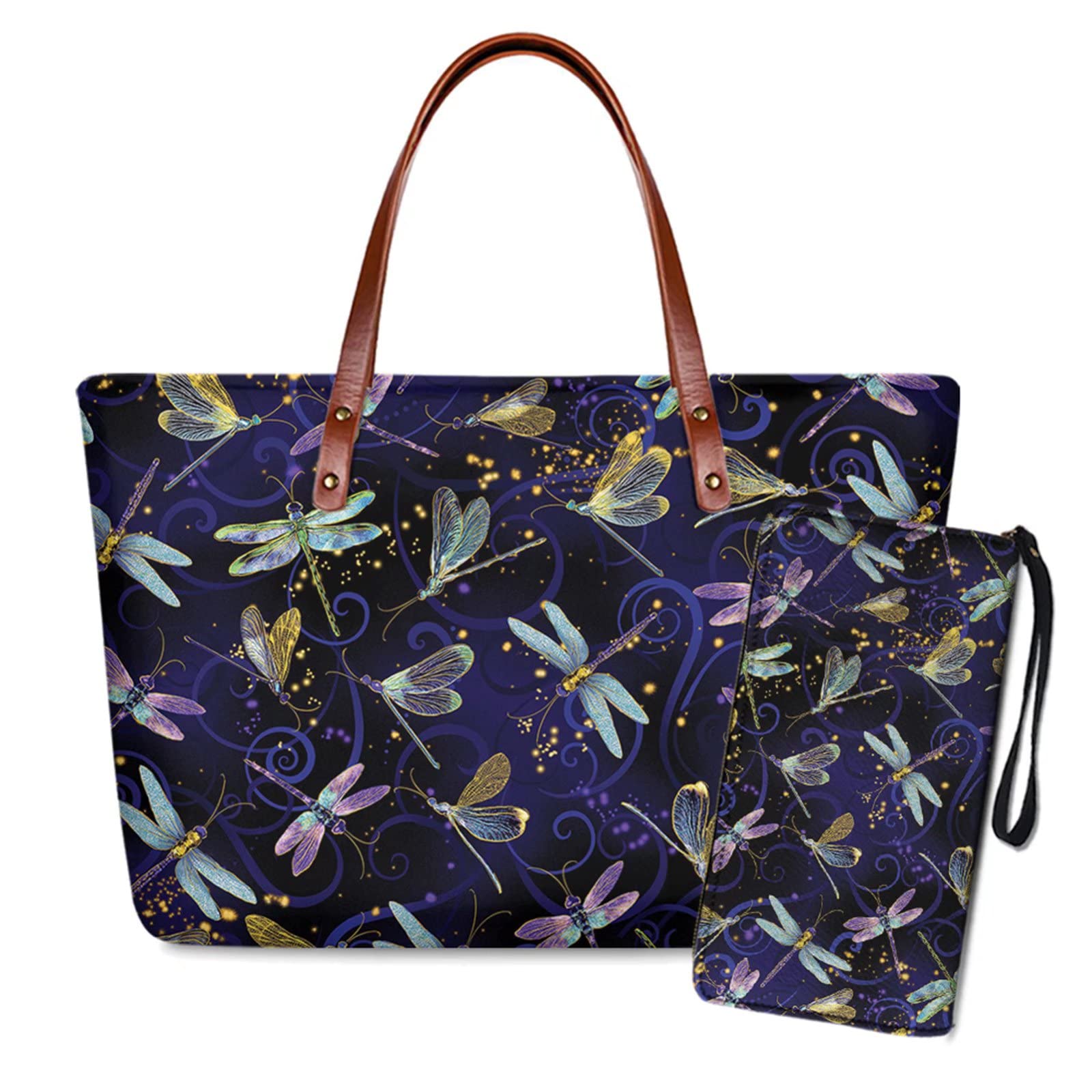 SCRAWLGOD Dragonfly Dance Pattern 2-Piece Set Women's Top Handle Shoulder Tote Bags with Matching Wallets - Elegant Crossbody Purse for Work, Travel & Daily Use