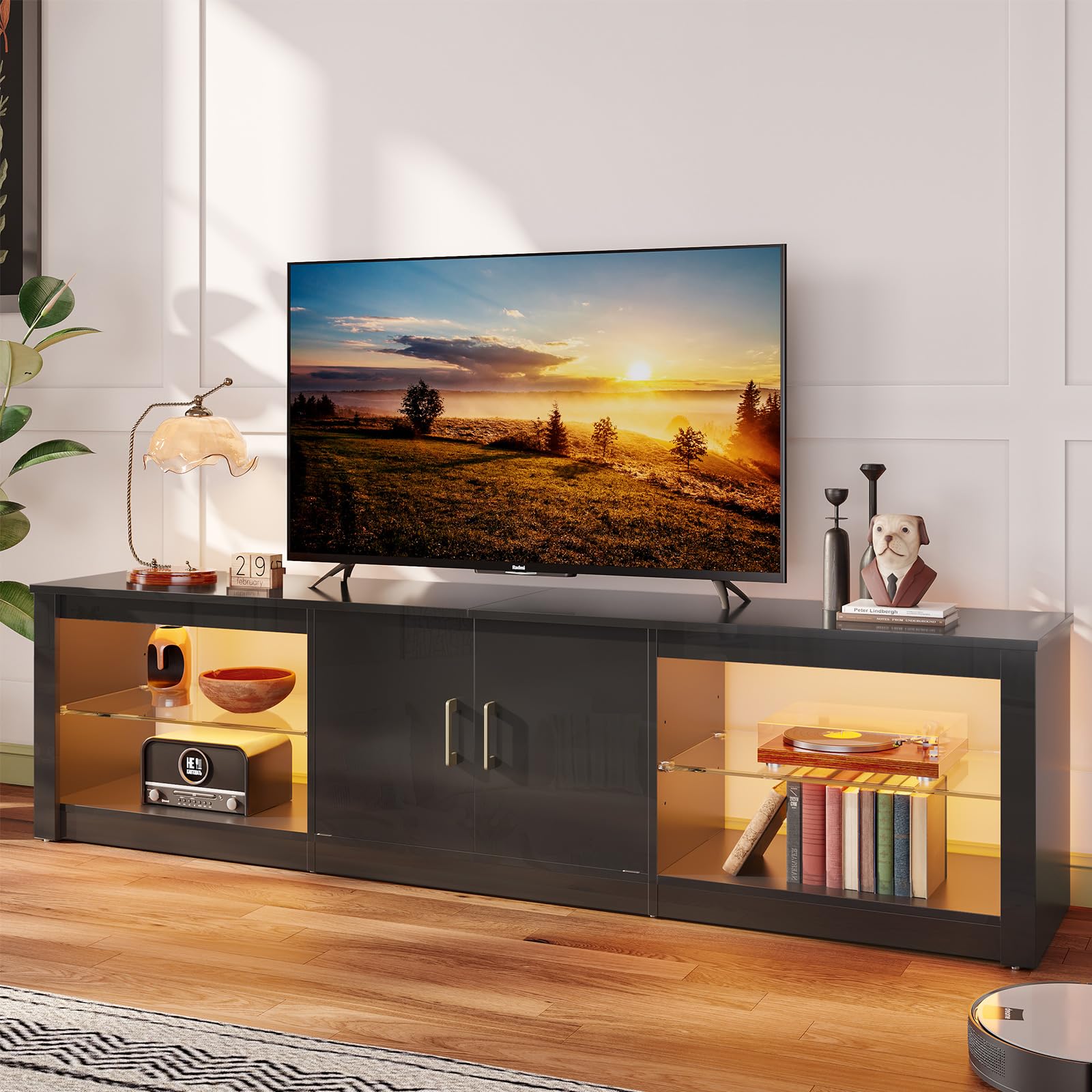 Bestier Modern TV Stand for 75 Inch TVs - Large Entertainment Center with Glass Shelves & 2 Storage Cabinets - Sturdy TV Console for Living Room, Gaming Setup & Home Theater Systems