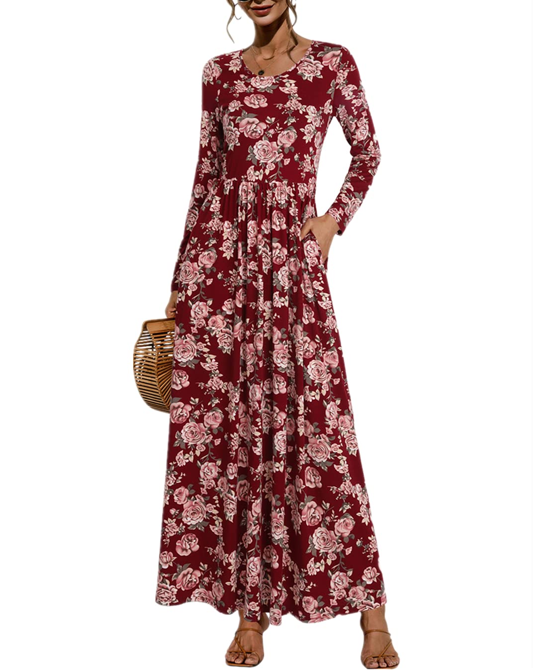 Empire Waist Floral Maxi Dress for Women - Modest Long Sleeve Church Dress with Pockets, Loose Fit Maternity & Everyday Wear - Perfect for Weddings, Sunday Service and Special Occasions