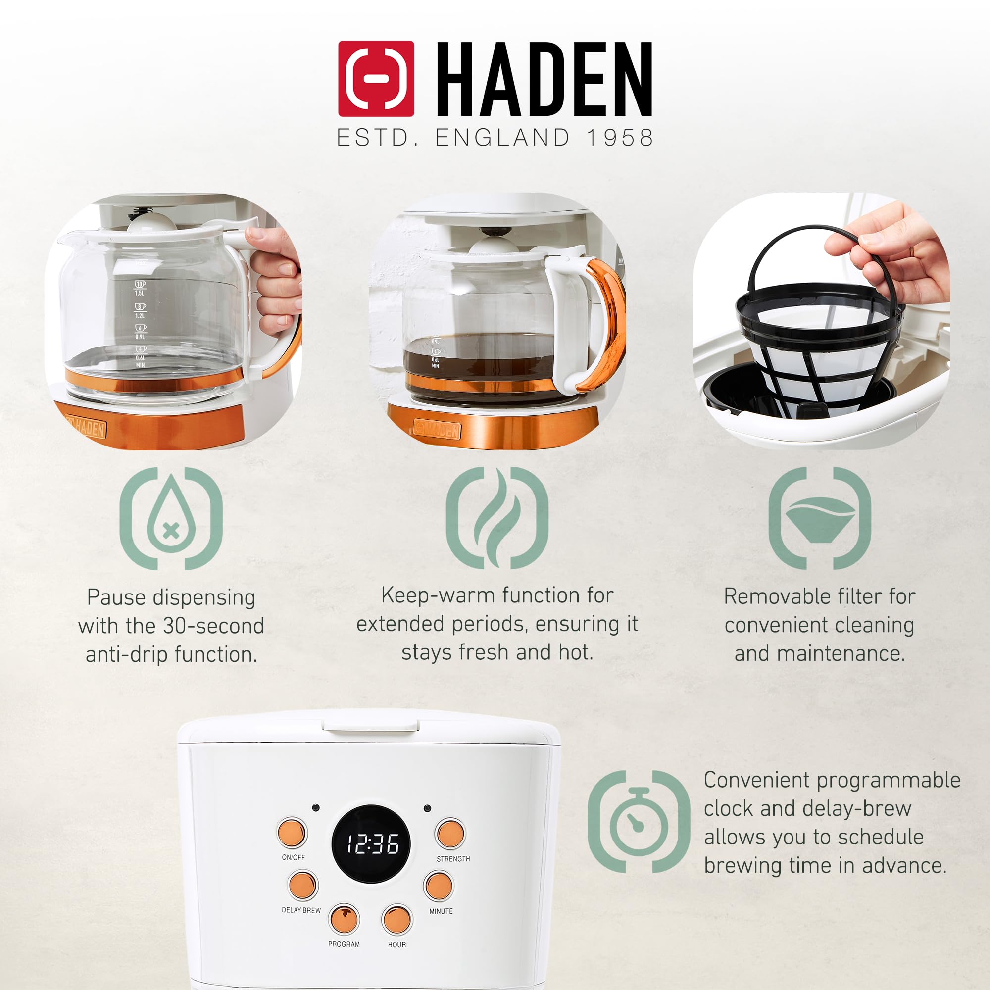 HADEN 12 Cup Drip Coffee Maker with 1.7L Stainless Steel Electric Kettle Set - Ivory & Copper Heritage Style for Home, Office & Kitchen Use
