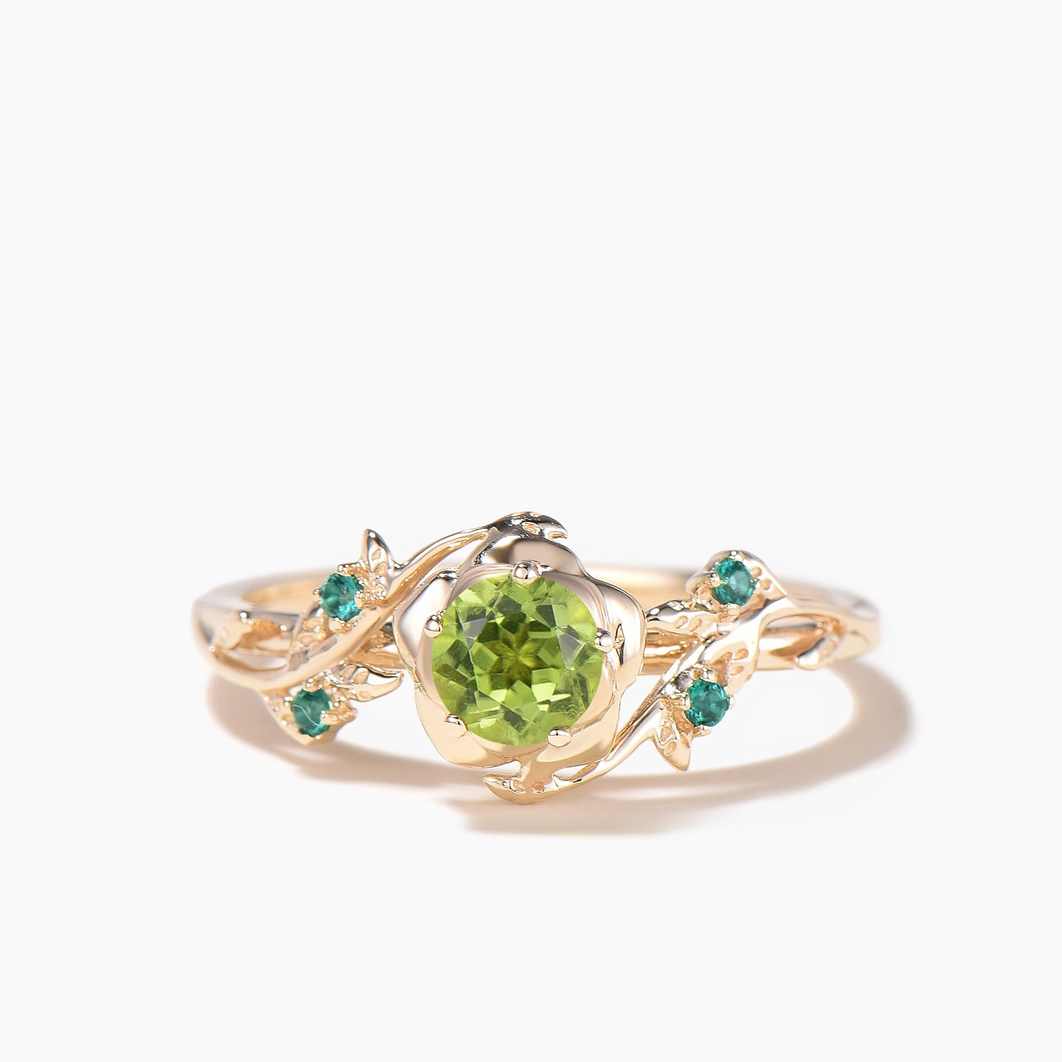 Exquisite Round Cut Peridot Floral Engagement Ring - Emerald Leaf Nature Inspired Wedding Band for Women | Perfect for Bridal, Anniversary, and Romantic Occasions