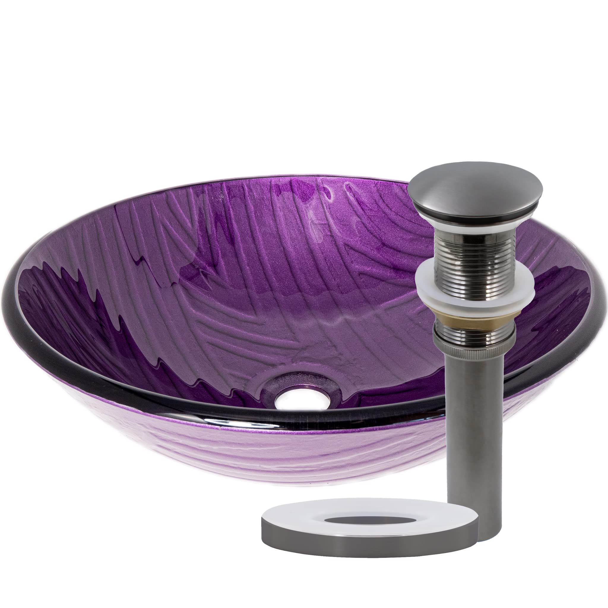 Novatto Purple Painted Glass Vessel Bathroom Sink Set with Gun Metal Faucet - Modern Above Counter Bathroom Vanity Sink for Powder Room, Guest Bath & Master Suite Decor