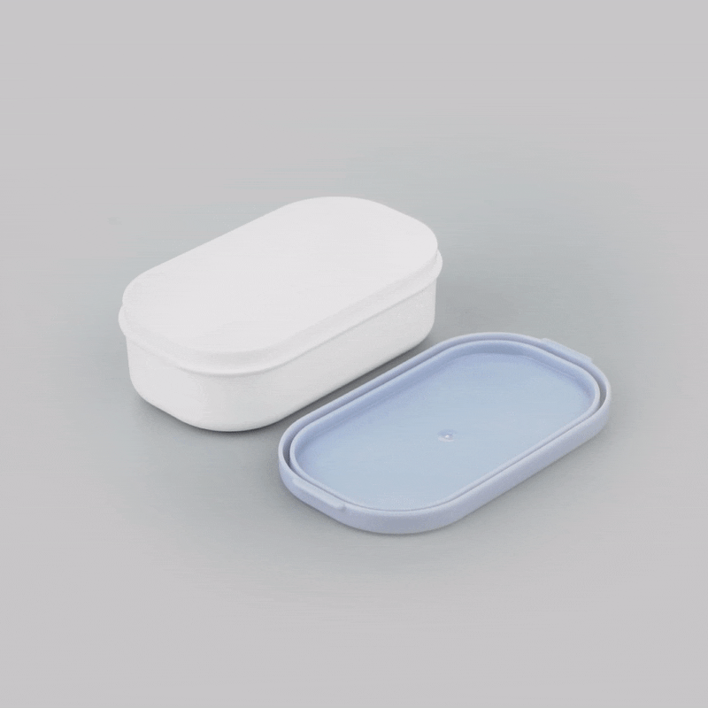 Bento Tek 3 oz White Buddha Box Snack & Sauce Containers with Blue Lids (4-Pack) - 3.75