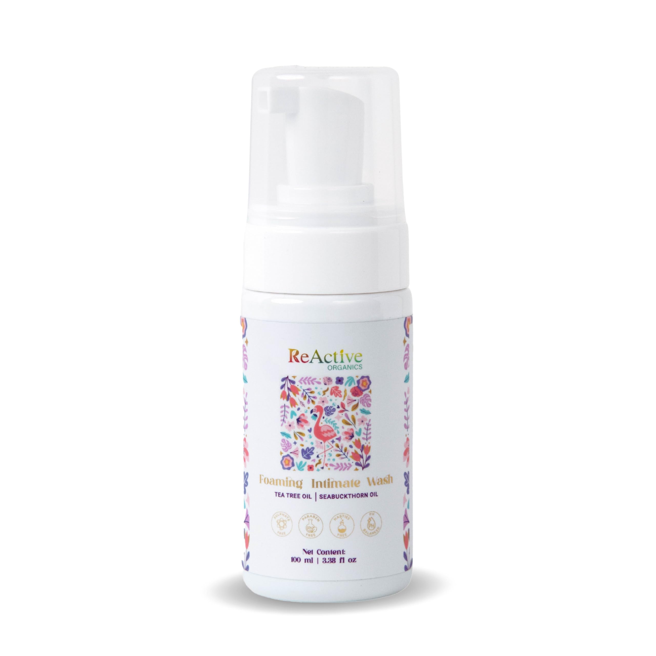 ReActive Organics Tea Tree Oil & Sea Buckthorn Foaming Intimate Wash - 100ml pH Balanced Antibacterial Feminine Hygiene for Odor & Infection Prevention - Gentle Daily Cleanser for Dryness & Itching Relief - Perfect for Sensitive Skin Care Routine