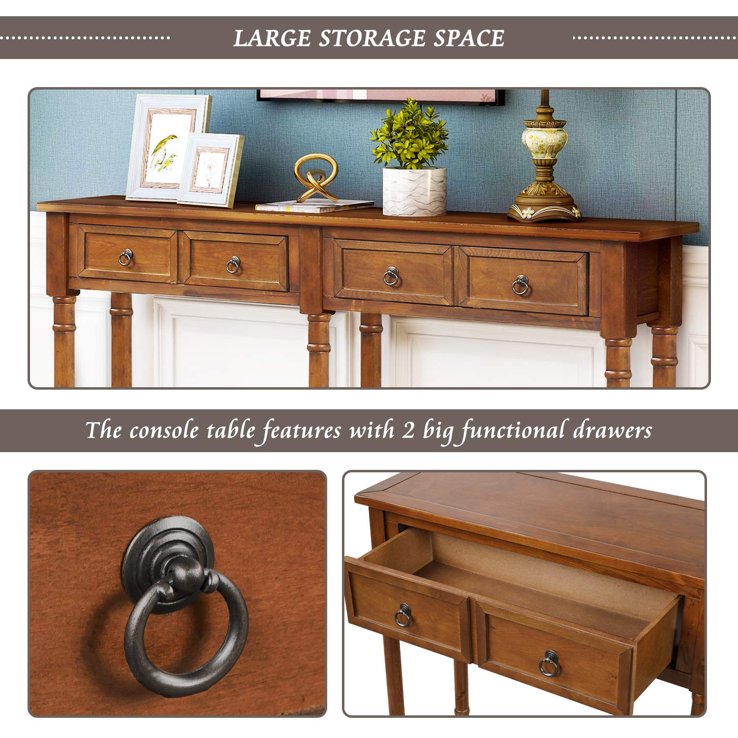 Rustic Wood Console Table with 2 Storage Drawers & Bottom Shelf - Entryway Sofa Table for Living Room, Hallway, Foyer (Walnut Finish) - Perfect for Home Decor, Small Space Organization & Entry Storage Solutions