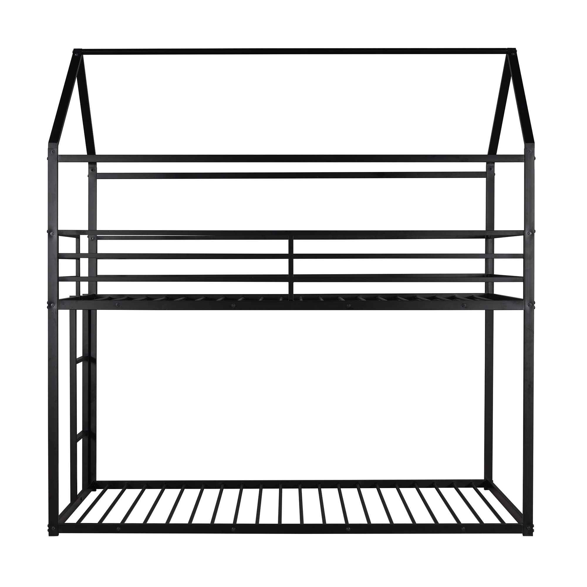 Sturdy Metal Twin Over Twin Bunk Beds for Kids with Roof - Heavy Duty Floor Bunk Bed for Boys & Girls - No Box Spring Needed - Black - Perfect for Small Bedrooms, Shared Kids Rooms & Sleepovers