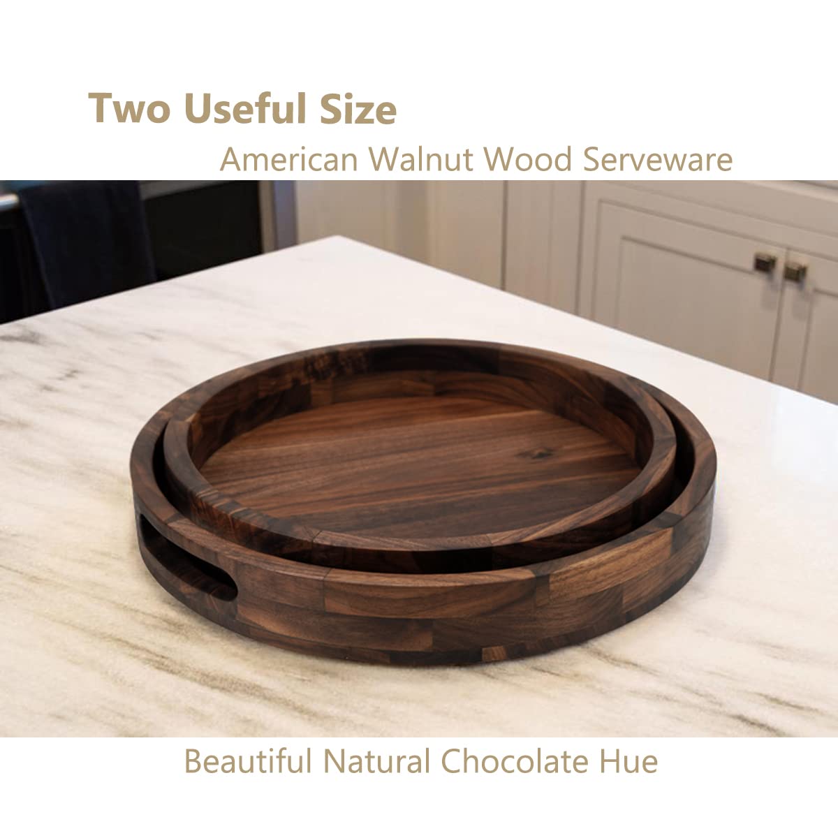 Set of 2 Large Round Black Walnut Wood Ottoman Trays with Handles - 14 & 12 Inch Classic Wooden Serving Tray for Tea, Coffee & Decor - Perfect for Living Room, Bedroom & Coffee Table Use