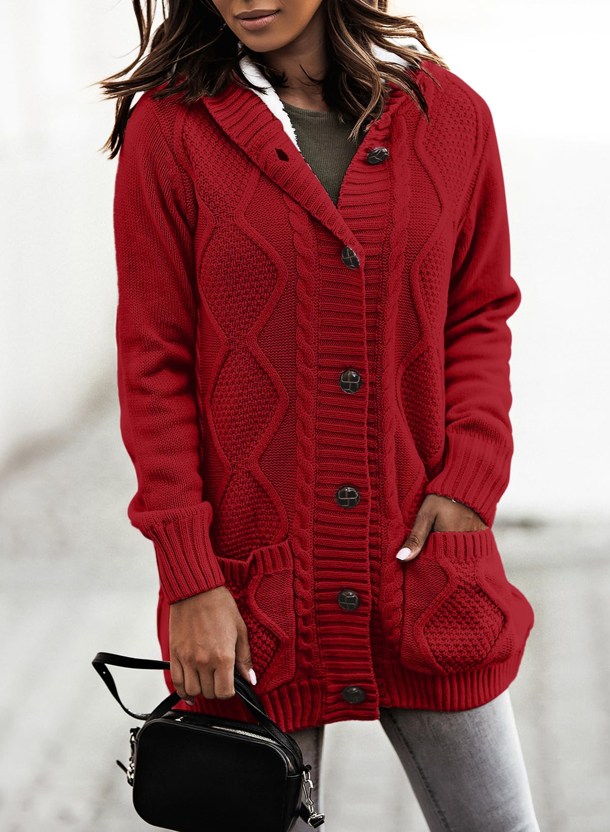 Sidefeel Women's Fleece-Lined Hooded Cardigan Sweater - Winter Warm Button Down Jacket with Pockets | Cozy Office Wear & Casual Outfit Essential