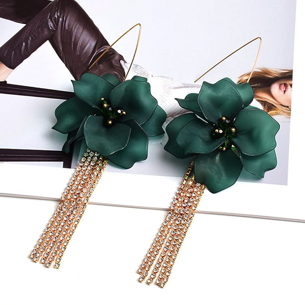 Boho Floral Drop Earrings for Women - Gold Rhinestone Tassel Chain Fringe Acrylic Resin Dangle Earrings - Crystal Statement Bridal Hoop Jewelry for Wedding, Party & Special Occasions (Green)