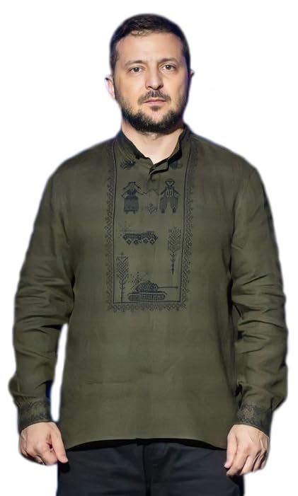Embroidered Linen Shirt for Men - Military Style Khaki Vyshyvanka with Tank Design | Traditional Ukrainian Ethnic Shirt (Size L) | Perfect for Cultural Events, Cosplay & Patriotic Outfits