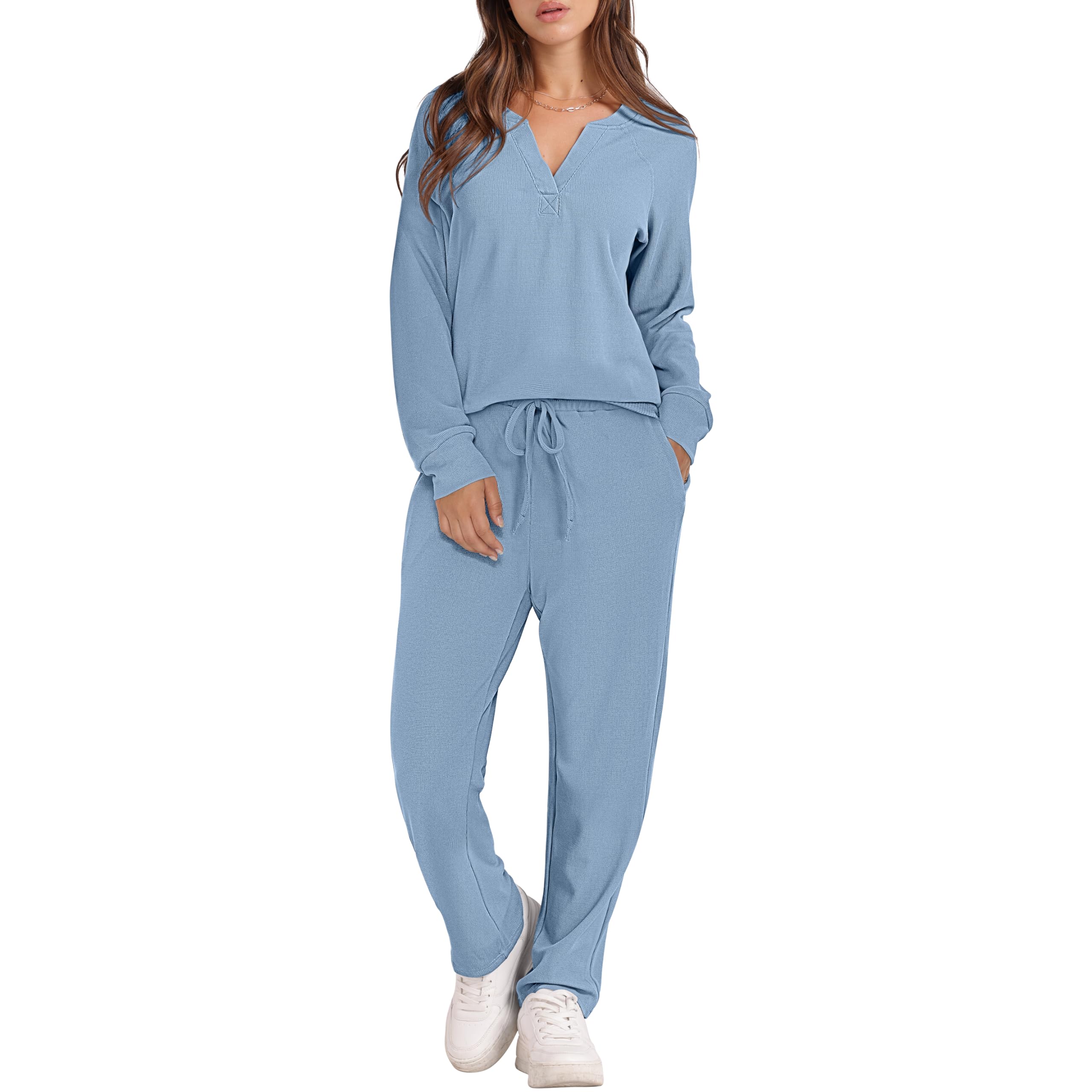 Women's Waffle Knit Pajama Set - Long Sleeve Sleepwear & Pants Soft Lounge PJS with Pockets | Cozy Winter Nightwear for Home Relaxation & Sleep