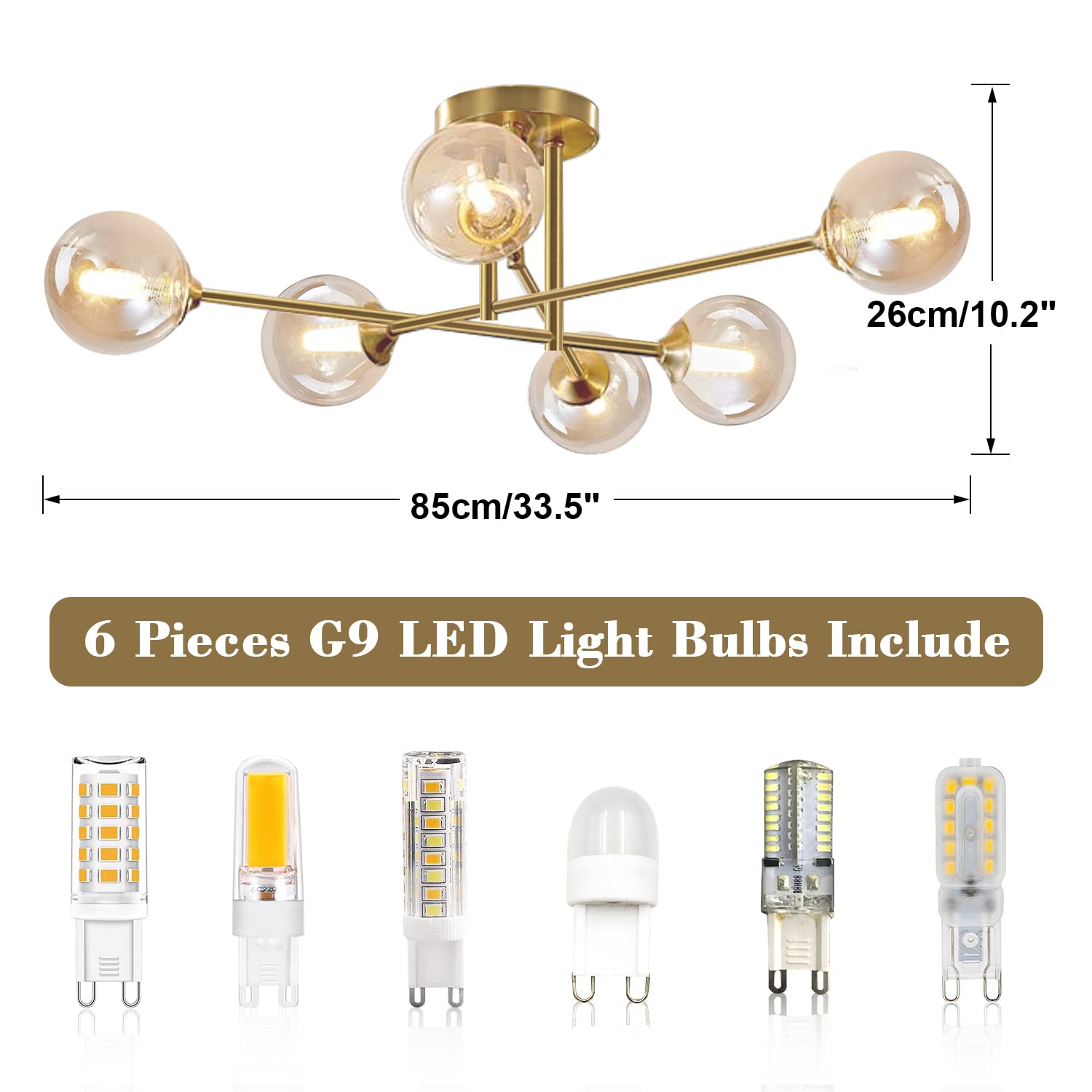 6-Light Antique Brass Sputnik Ceiling Light - Mid Century Modern Gold Flush Mount Lighting Fixture for Bedroom, Living Room & Dining Room