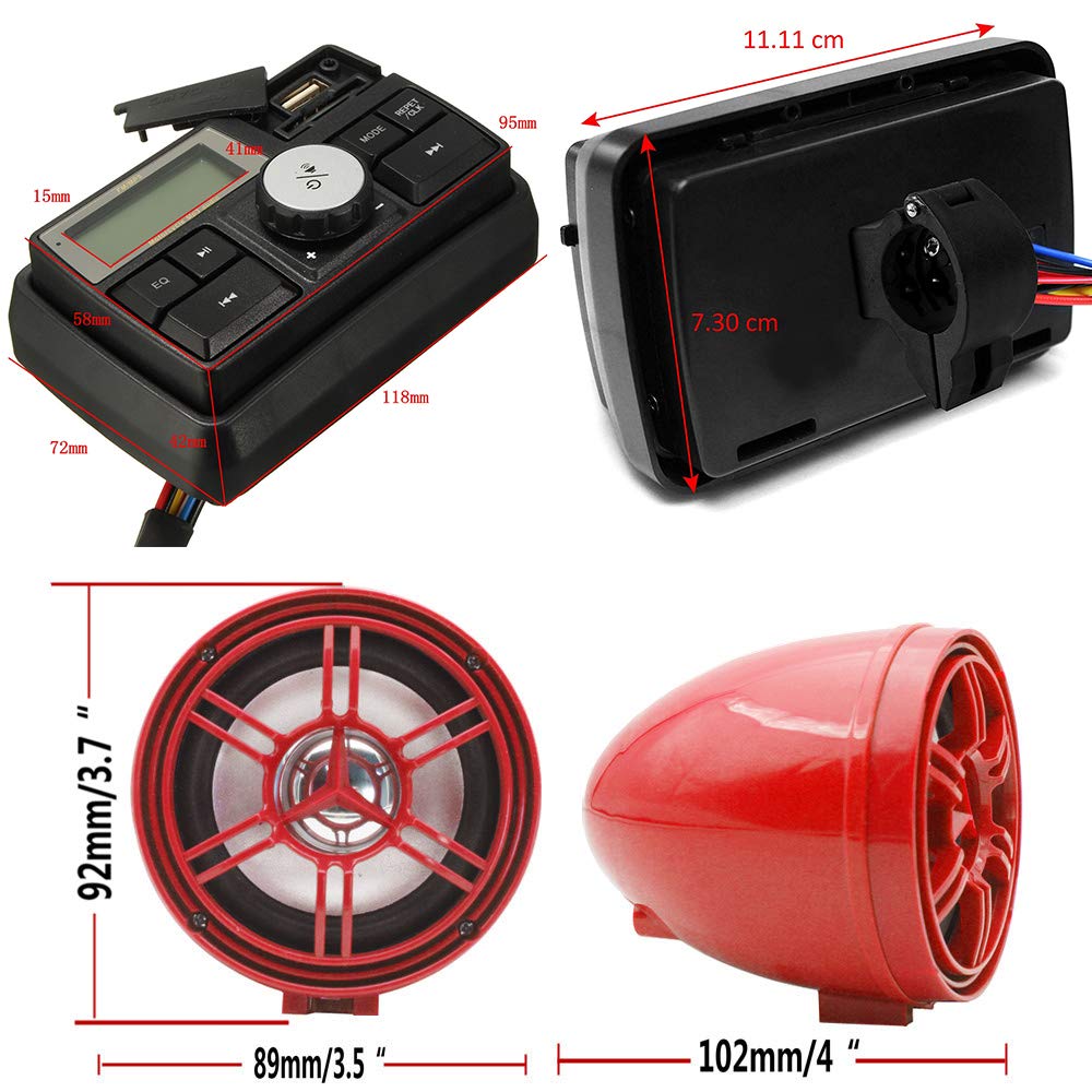 12V Waterproof Bluetooth Speaker for Motorcycle, ATV, UTV & Golf Cart - Anti-Theft FM Radio with USB/TF Port & Stereo Sound (Red) - Perfect for Outdoor Rides, Camping & Off-Road Adventures