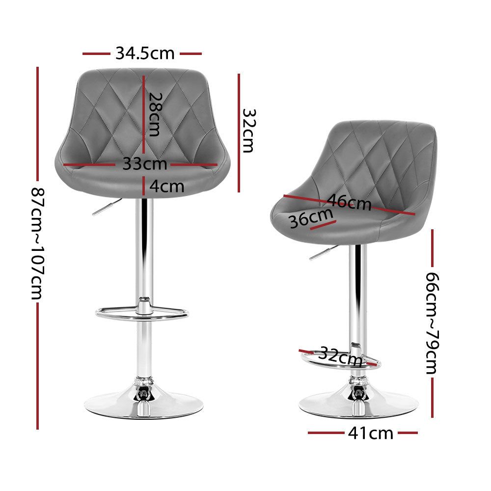 4 Bar Stools with Leather Padded Seats & Gas Lift Mechanism in Grey - Perfect for Kitchen Islands, Breakfast Bars & Home Bars