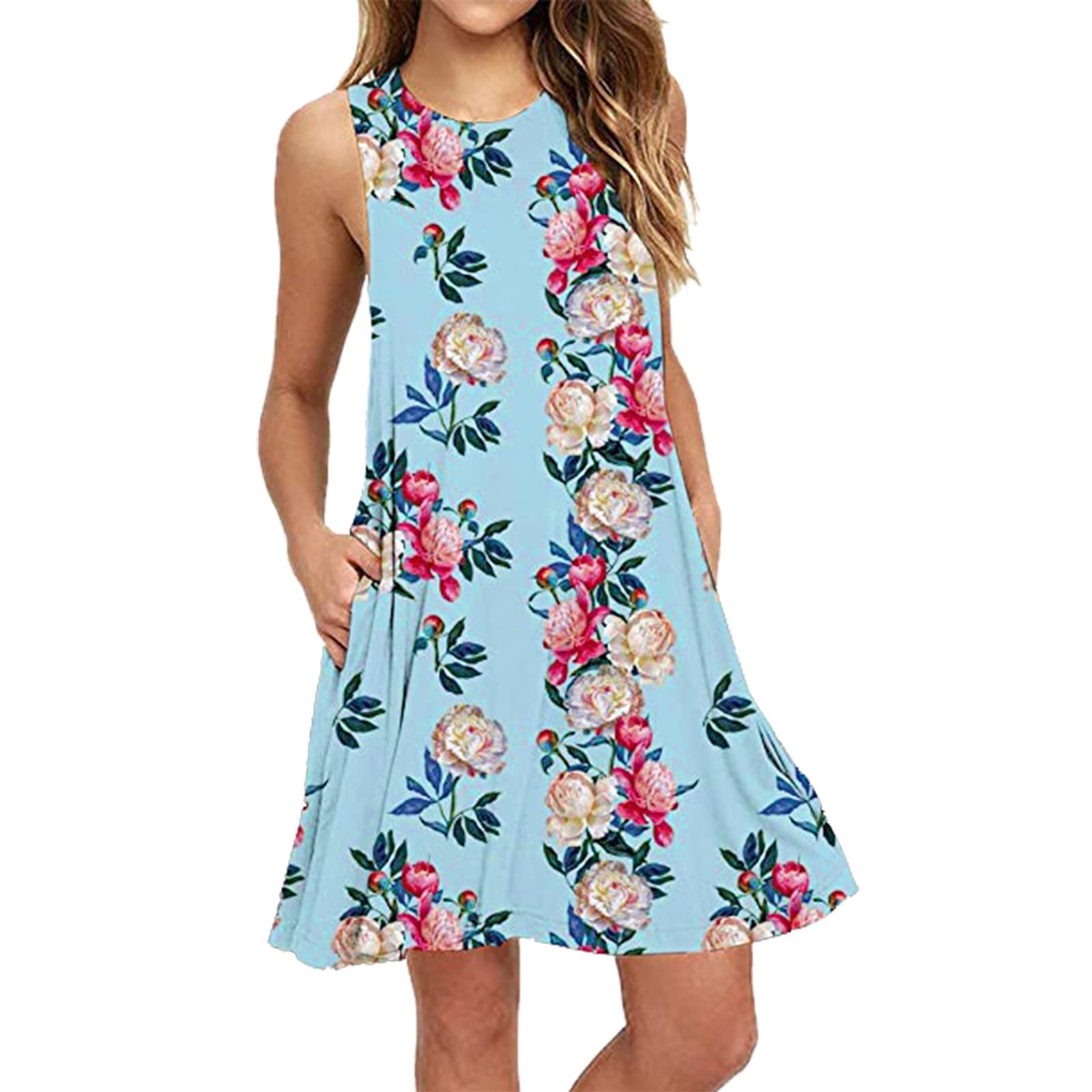 Women's Skater Dress - Sleeveless Summer Pullover Dress with Printed Pocket, Elegant Swing Round Neck Tank Top - Perfect for Casual Wear, Parties, and Office Outfits