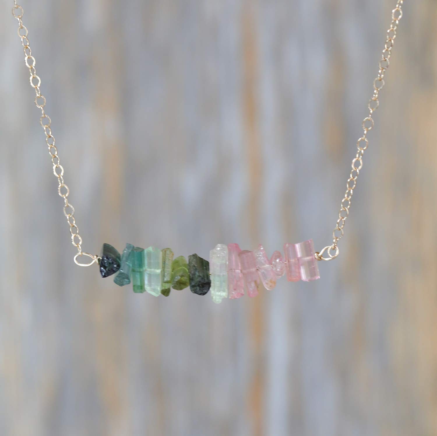Raw Tourmaline Gemstone Bar Necklace - October Birthstone Jewelry for Women, Birthday Gift Idea, Healing Crystal Pendant for Meditation & Energy Balancing