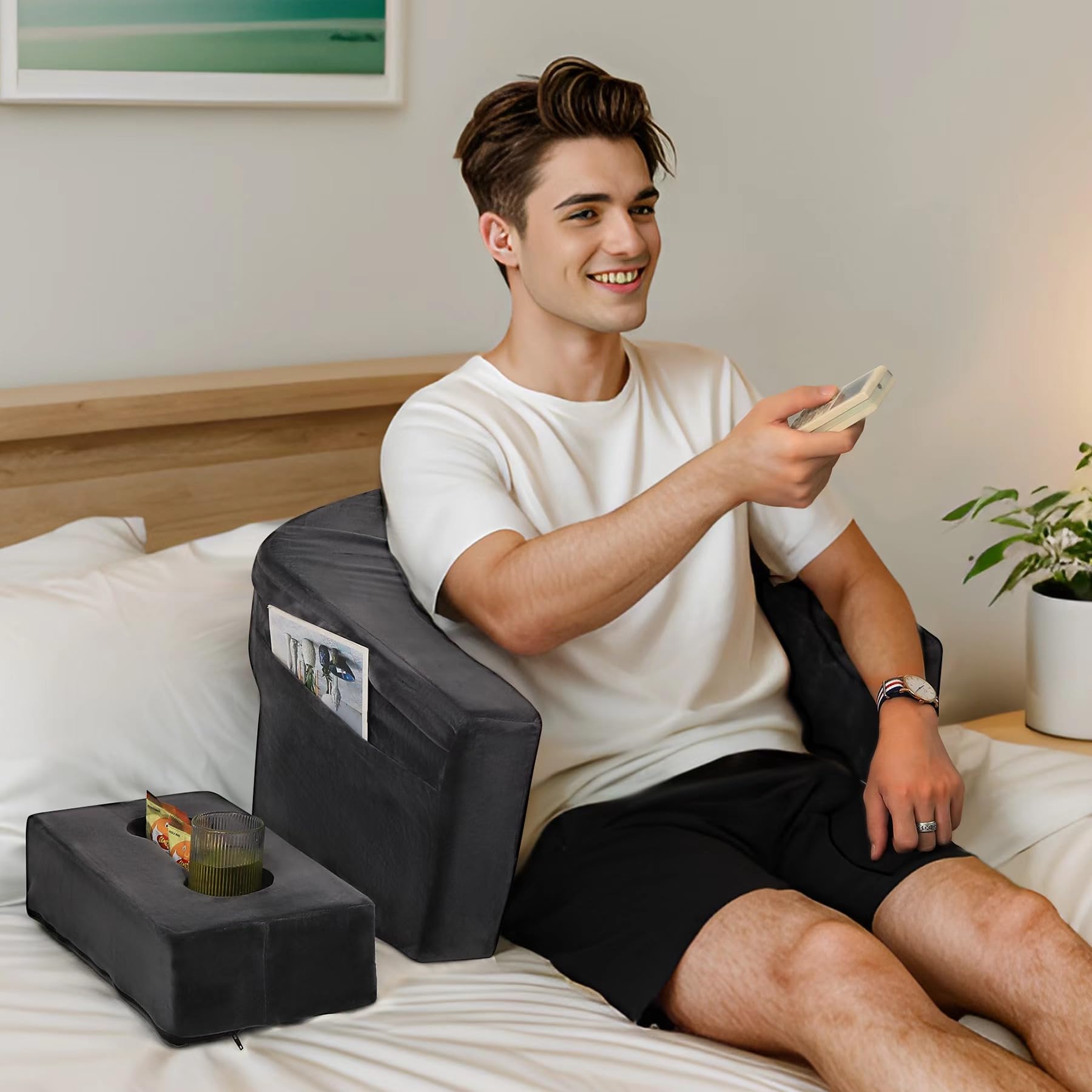 **Memory Foam Reading & Gaming Pillow for Adults - Lap Desk Pillow with Coaster, Soft Arm Rest Support for Bed, Floor, Sofa - Perfect for Reading, Working, Gaming & Relaxing (Grey)**