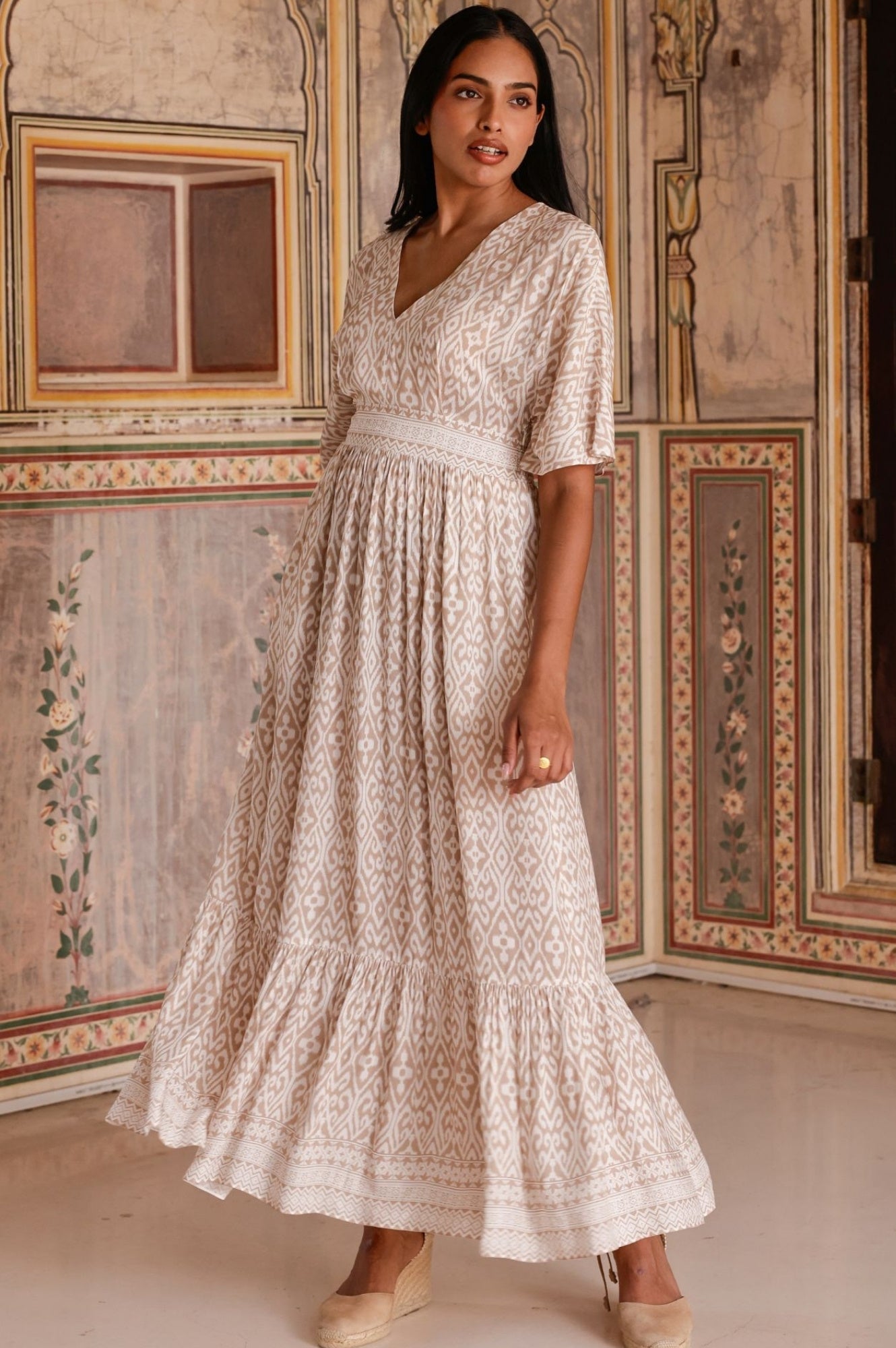 Lena EcoVero™ Sustainable Women's Dress in Taupe & White - Perfect for Casual Wear, Office Outfits & Eco-Friendly Fashion
