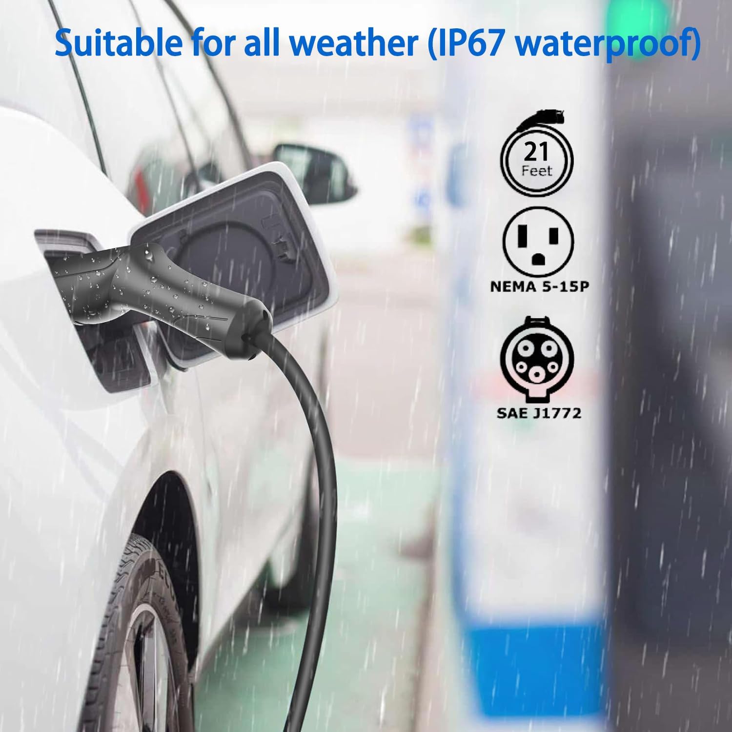 Portable Level 1 EV Charger - 15Amp 110V Electric Vehicle Charger with 21Ft Cable, NEMA 5-15P Plug for Home Charging | Compatible with SAE J1772 EVs & Tesla (Adapter Needed) | Perfect for Garage, Road Trips & Emergency Charging