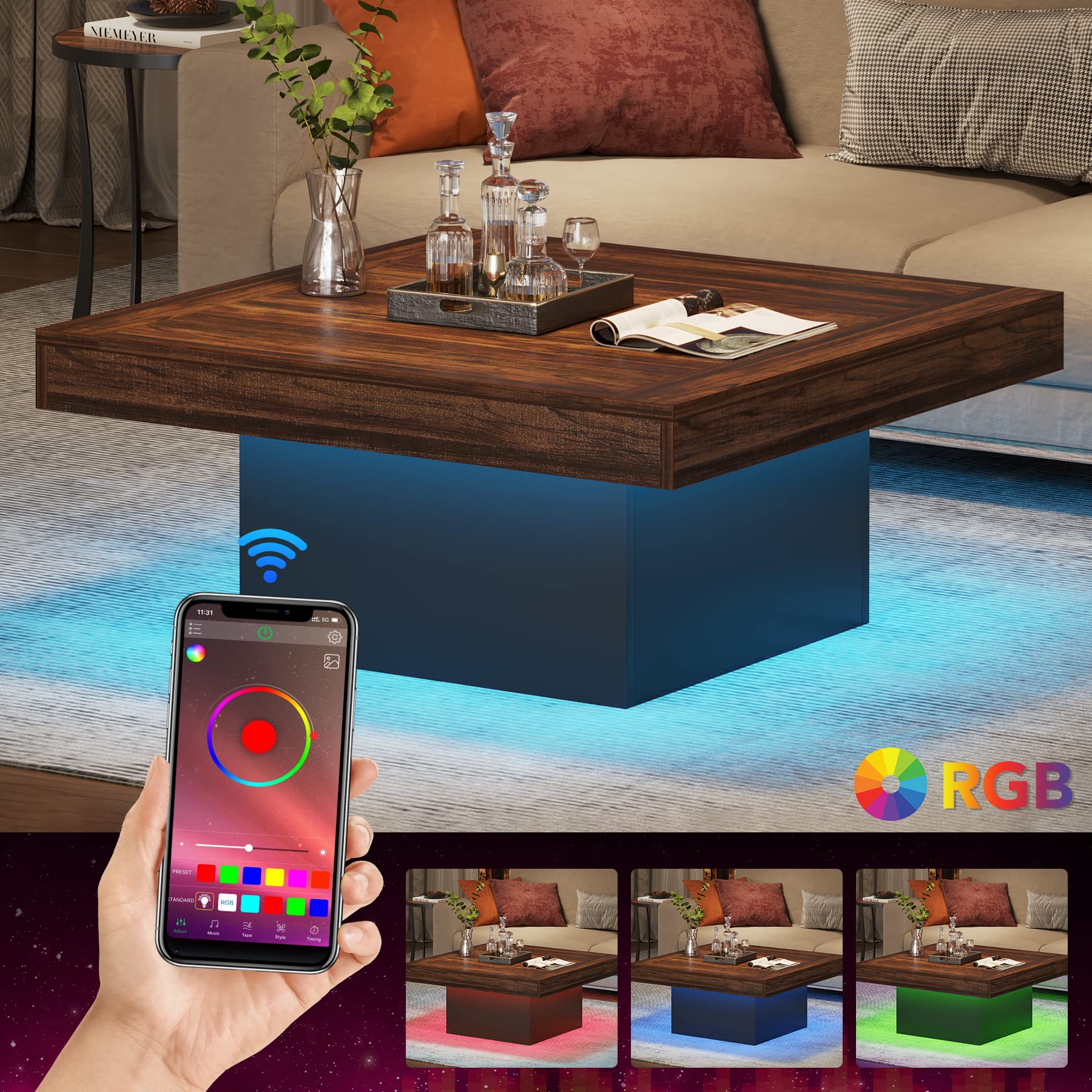 Tribesigns Square LED Coffee Table - Rustic Brown & Black Engineered Wood Low Profile Modern Coffee Table for Living Room, Lounge, and Office - Perfect for Home Decor & Entertainment Spaces