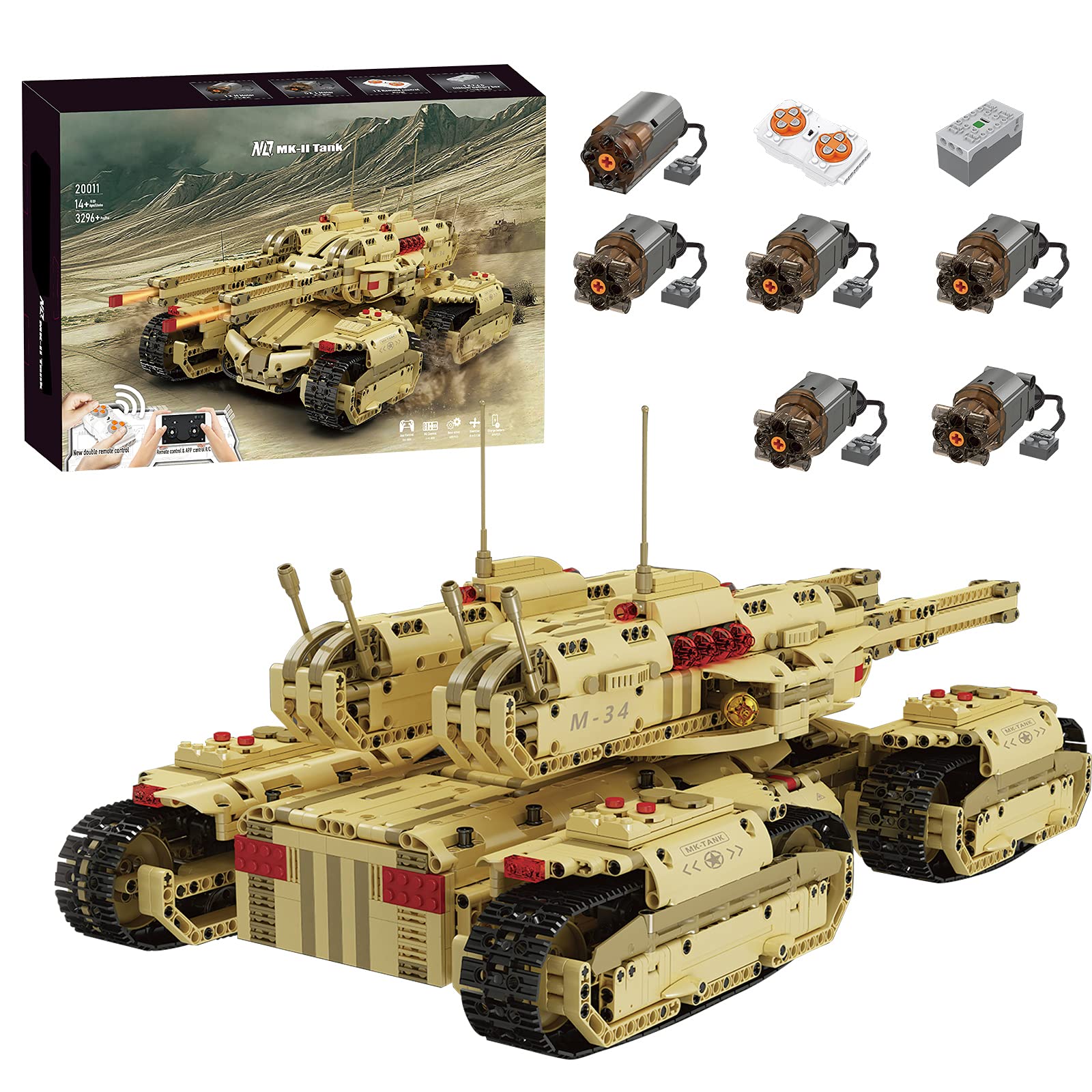 MingCheng 3296+ Pieces WW2 Tank Building Blocks Set with Motor & Remote Control - RC Military Mammoth Tank Model Kit, Lego-Compatible Bricks for Kids & Adults | Battle Reenactment, Collectible Display & STEM Learning Toy