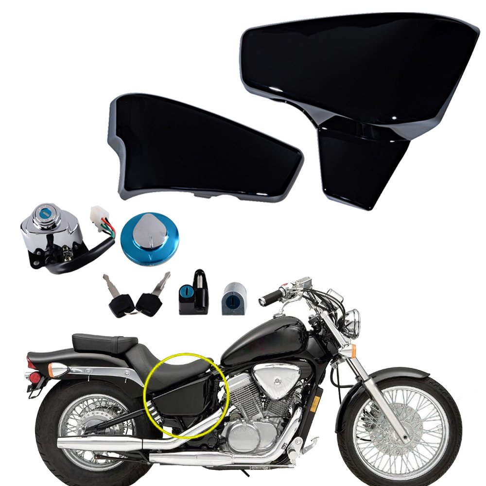 Premium Ignition Fuel Gas Cap & Steering Lock Set with 2 Keys + Glossy Black Battery Side Cover - Compatible with 1999-2008 Honda Shadow VLX 600 - Motorcycle Security & Customization Upgrade for Cruiser Bikes