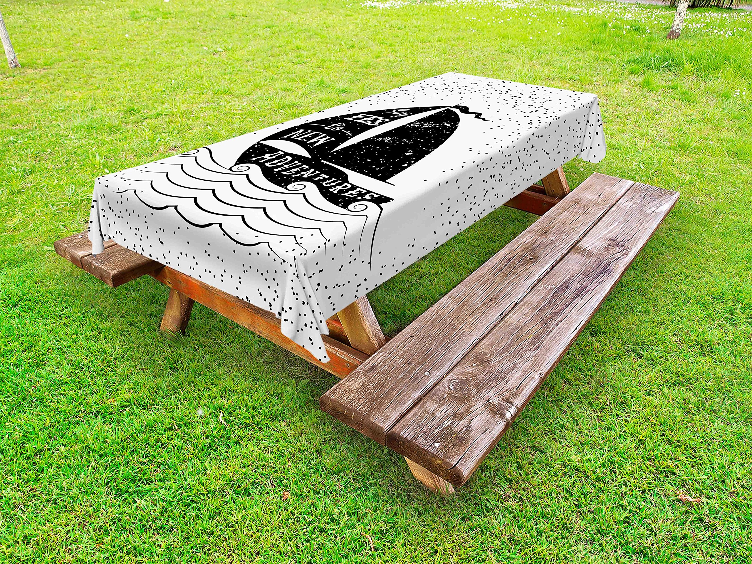 Ambesonne Nautical Outdoor Tablecloth - Hand Drawn Boat on Wavy Ocean Design, Black and White Monochrome Picnic Table Cover, 58