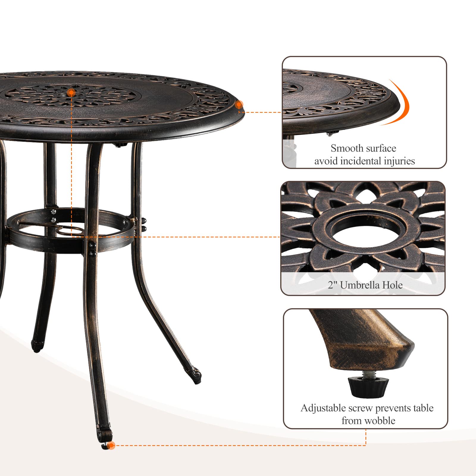VINGLI 32 Inch Round Outdoor Dining Table with Umbrella Hole - Durable Cast Aluminum Patio Bistro Table for Garden, Backyard, Poolside - Weather-Resistant Bronze Finish (32