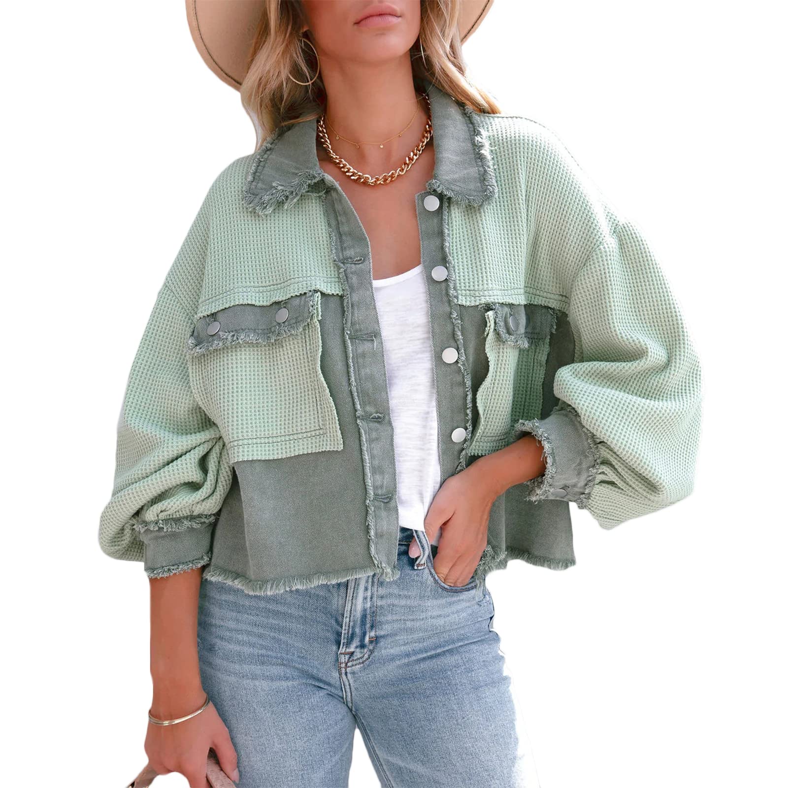 Women's Cropped Waffle Knit Shacket with Denim Stitching - Button Down Long Sleeve Loose Jacket Top for Casual Outings and Layering in Fall/Winter