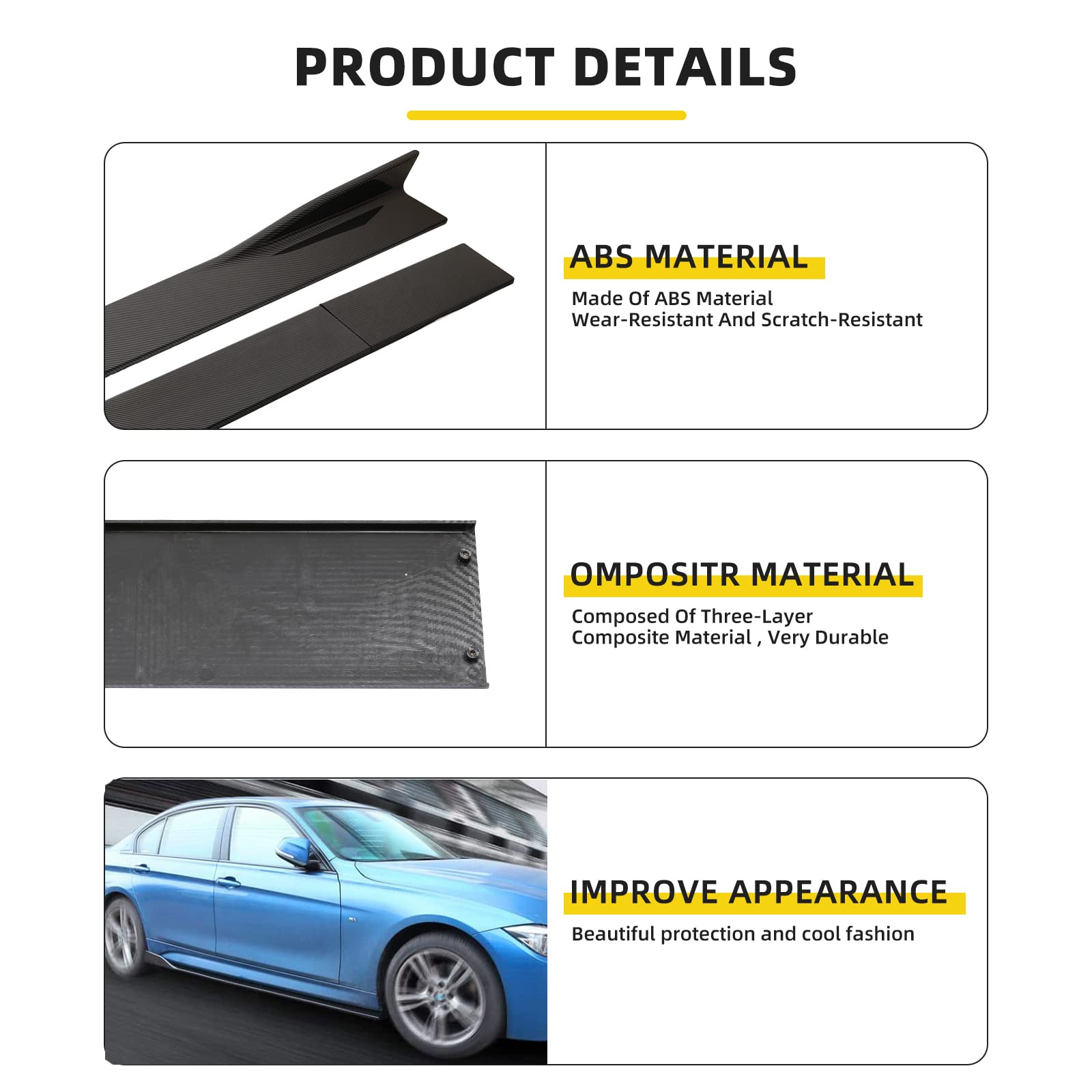 Universal Rocker Panel Extension Lower Side Skirts Body Kit - 2M/78.7inch Carbon Fiber for Car Exterior Styling & Protection - Perfect for Sports Cars, Sedans, and Tuner Vehicles