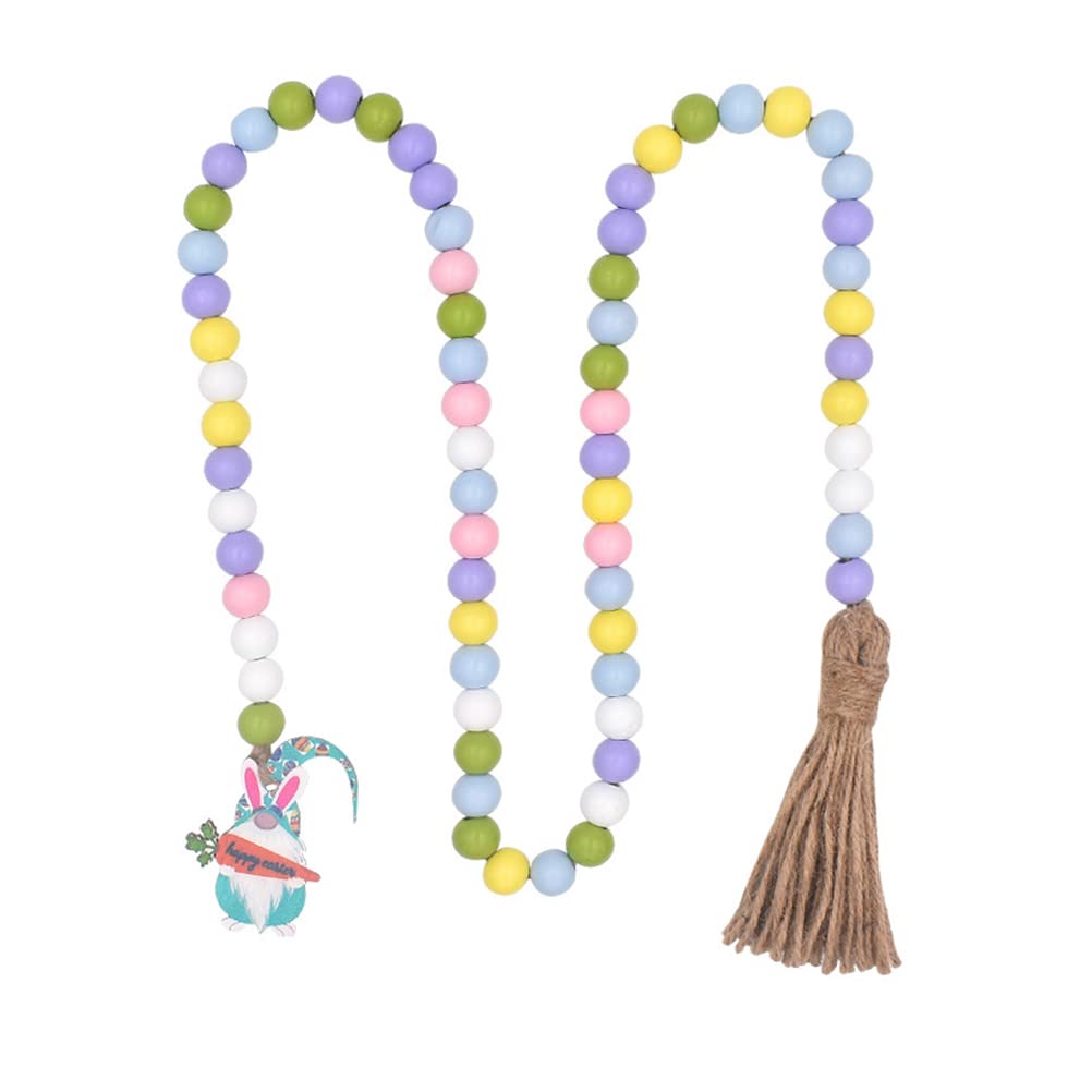 LUOZZY Easter Wood Bead Garland with Tassels - Gnome Themed Farmhouse Country Hanging Decor for Holiday Party, Spring Home Decor, Easter Tree & Mantel Decoration